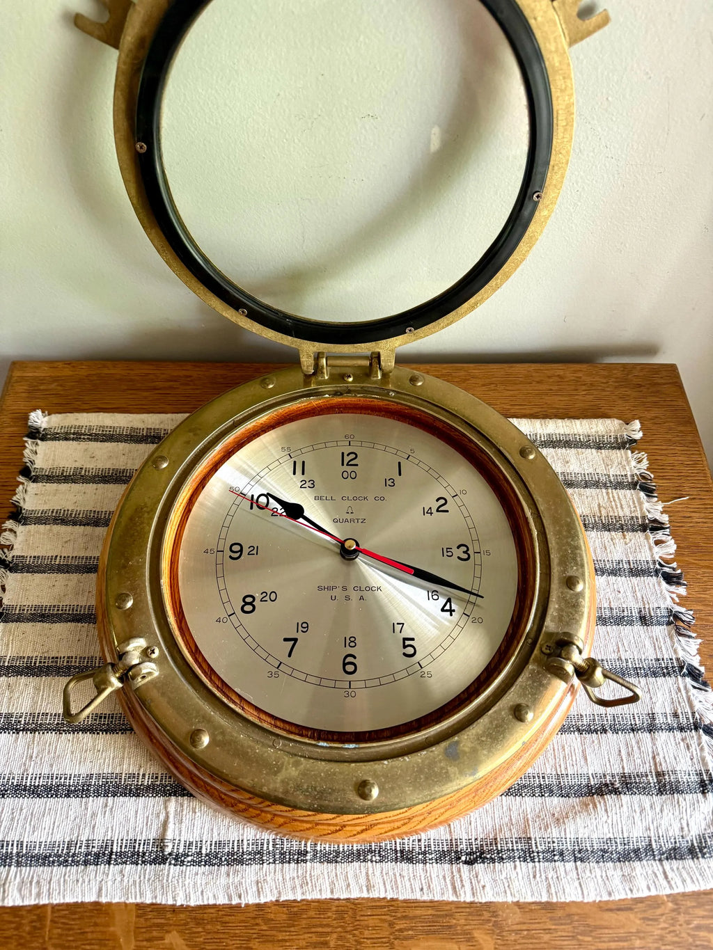 Vtg Bell Clock Co. Ship's Clock | Quartz Nautical Port Hole Hanging Clock | Brass Ship's Port Hole Clock | Brass Nautical Ship's Clock
