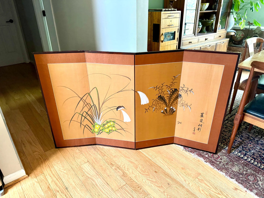 Vtg Japanese 4 Panel Byobu Folding Screen| Japanese Hand Painted on Silk Folding Art| Japanese Floral Scene 35" x 60" Folding Art