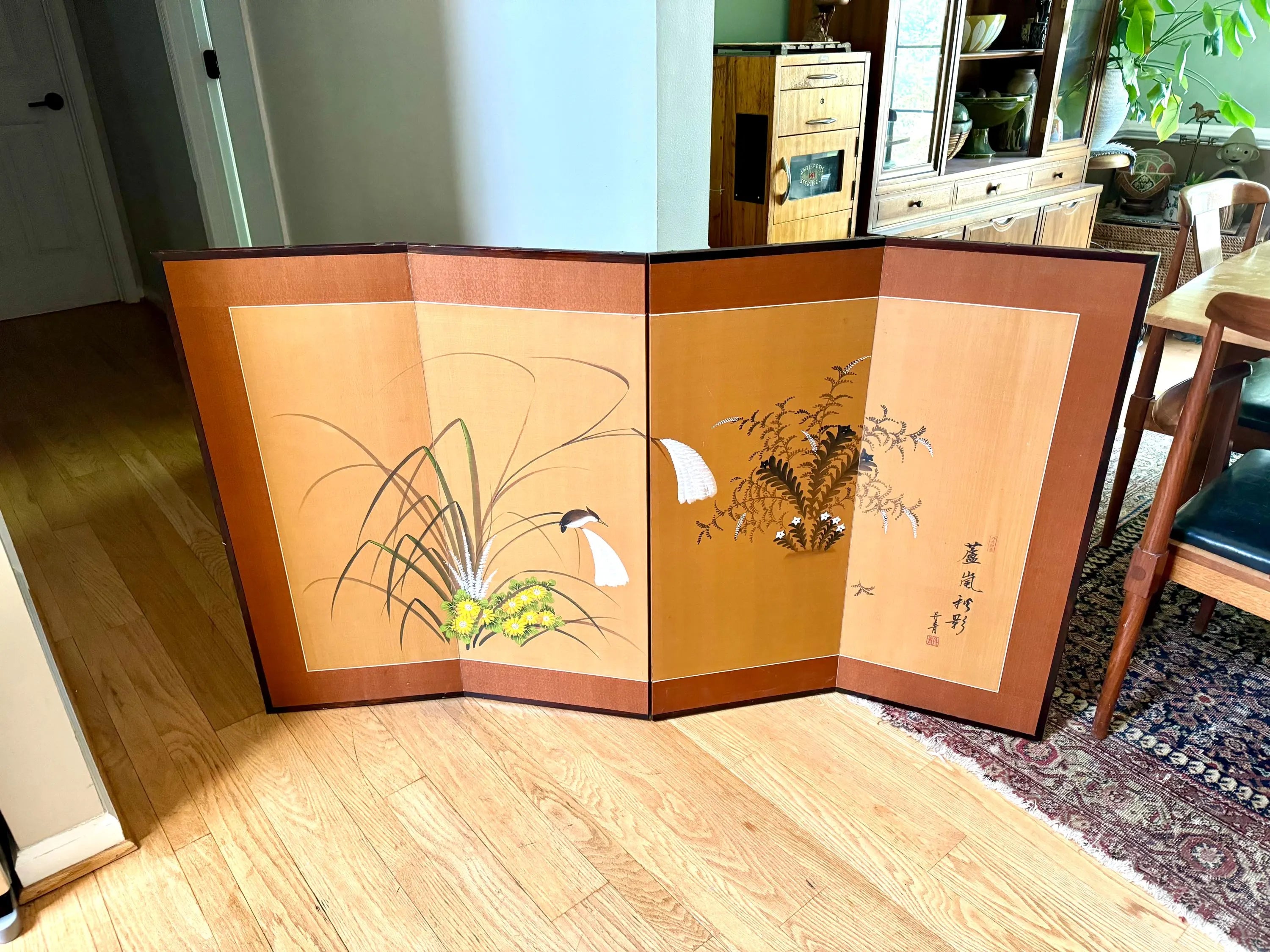 Vtg Japanese 4 Panel Byobu Folding Screen| Japanese Hand Painted on Silk Folding Art| Japanese Floral Scene 35" x 60" Folding Art