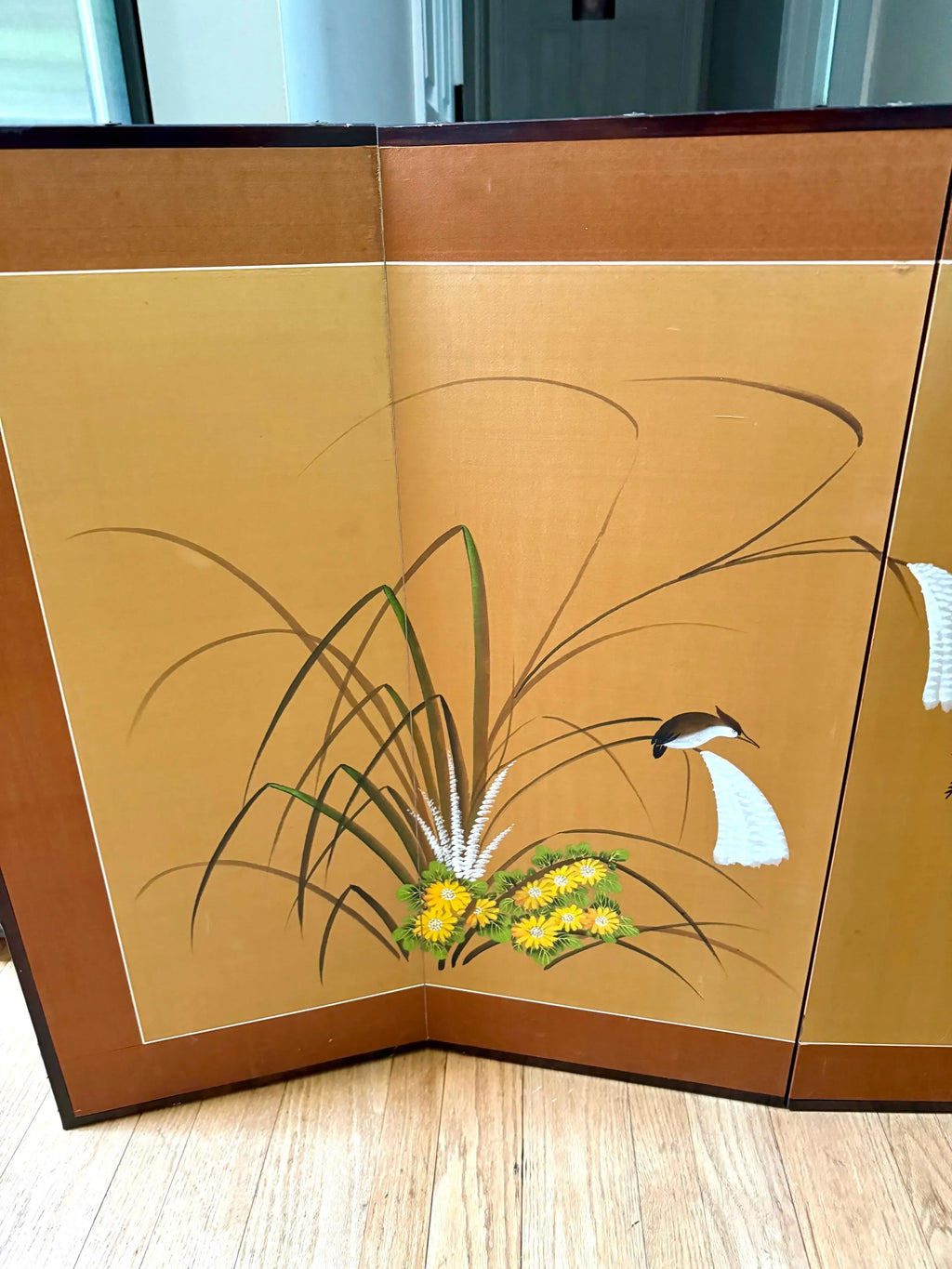 Vtg Japanese 4 Panel Byobu Folding Screen| Japanese Hand Painted on Silk Folding Art| Japanese Floral Scene 35" x 60" Folding Art