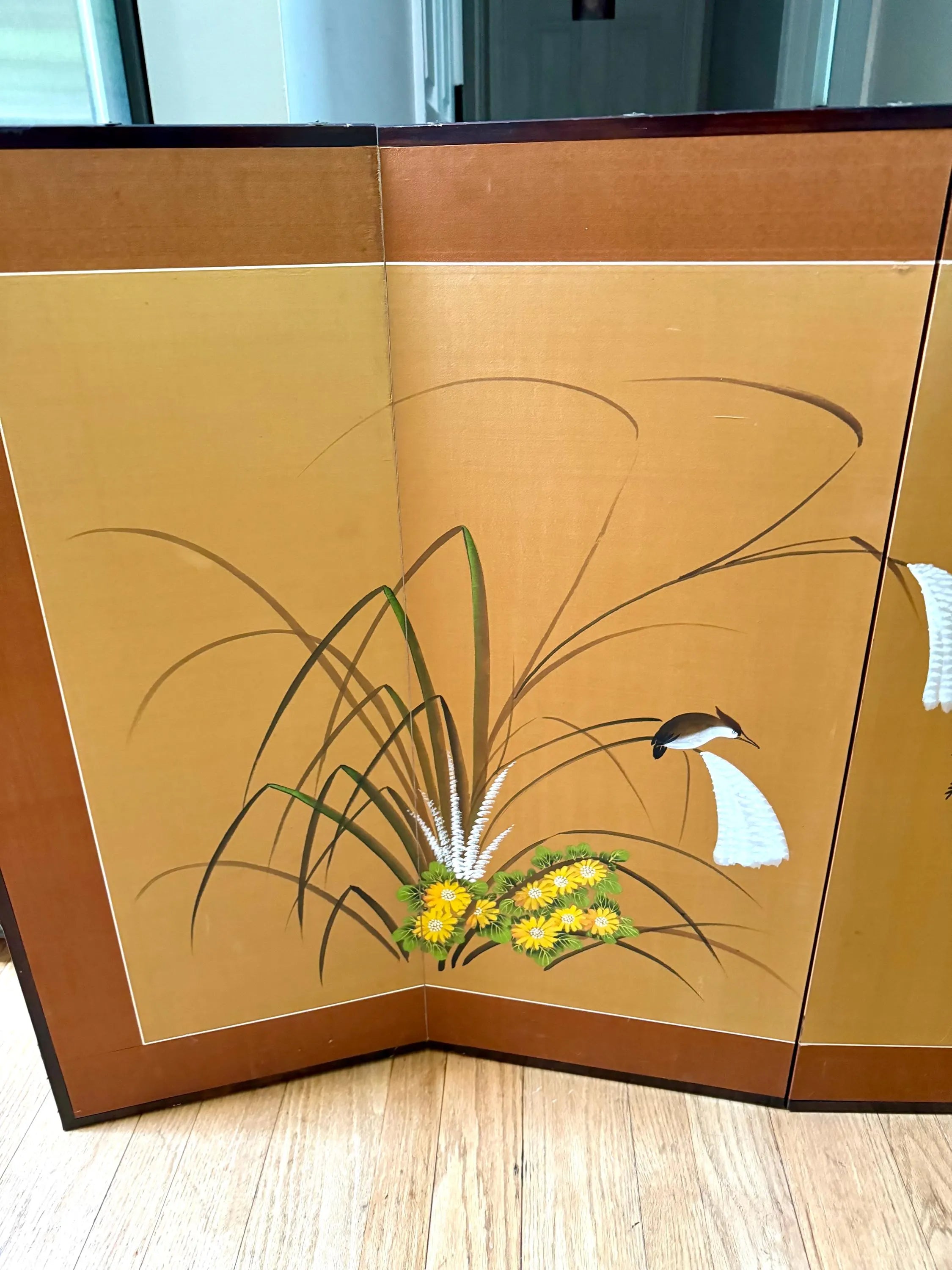 Vtg Japanese 4 Panel Byobu Folding Screen| Japanese Hand Painted on Silk Folding Art| Japanese Floral Scene 35" x 60" Folding Art