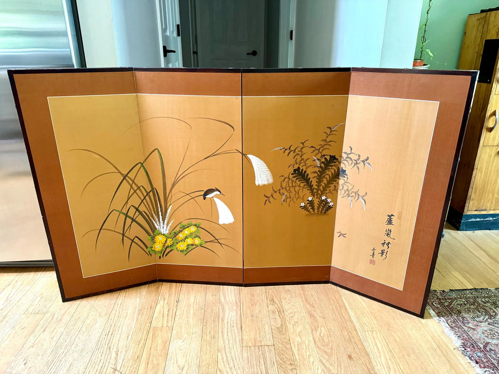 Vtg Japanese 4 Panel Byobu Folding Screen| Japanese Hand Painted on Silk Folding Art| Japanese Floral Scene 35" x 60" Folding Art