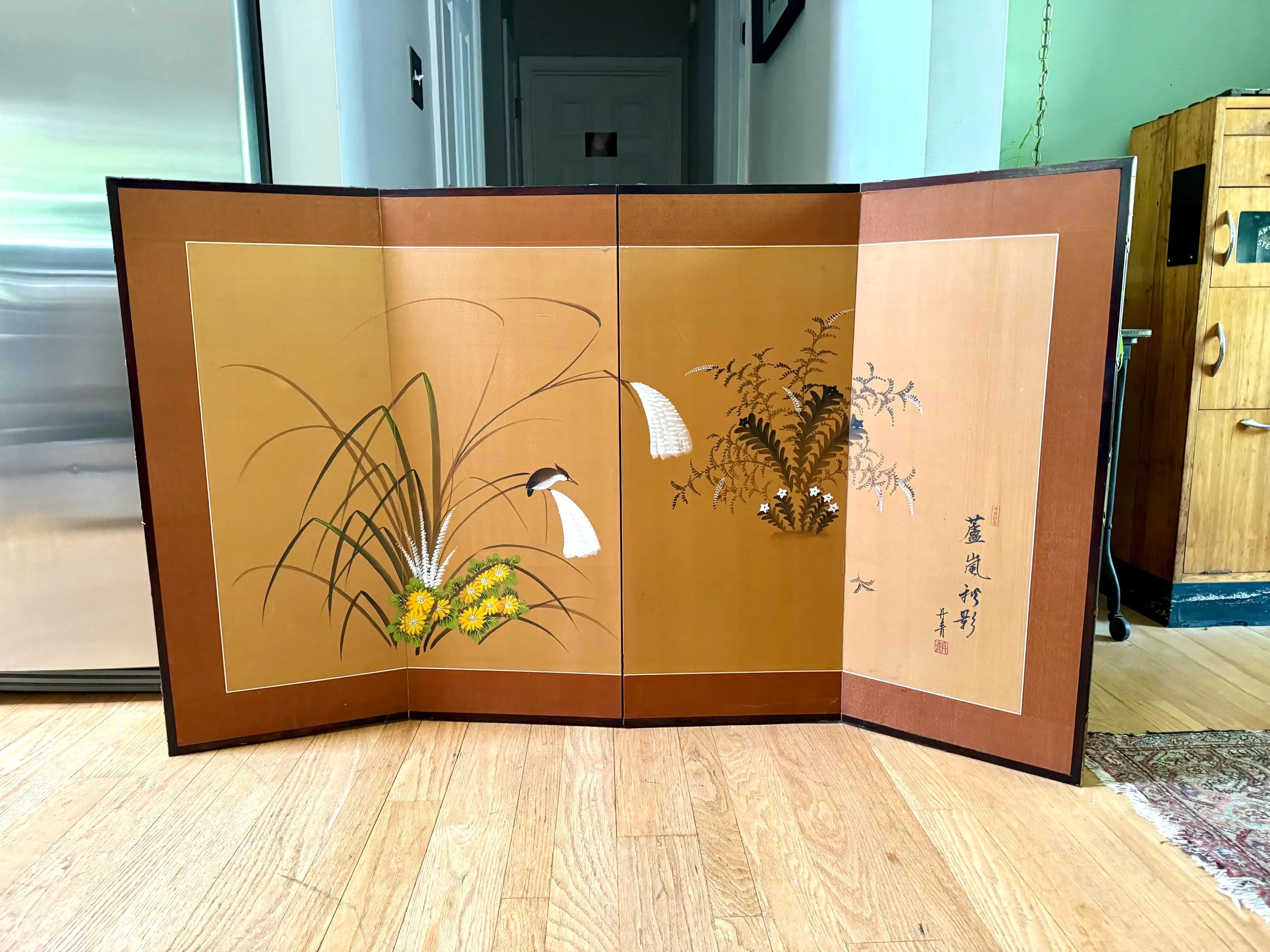 Vtg Japanese 4 Panel Byobu Folding Screen| Japanese Hand Painted on Silk Folding Art| Japanese Floral Scene 35" x 60" Folding Art