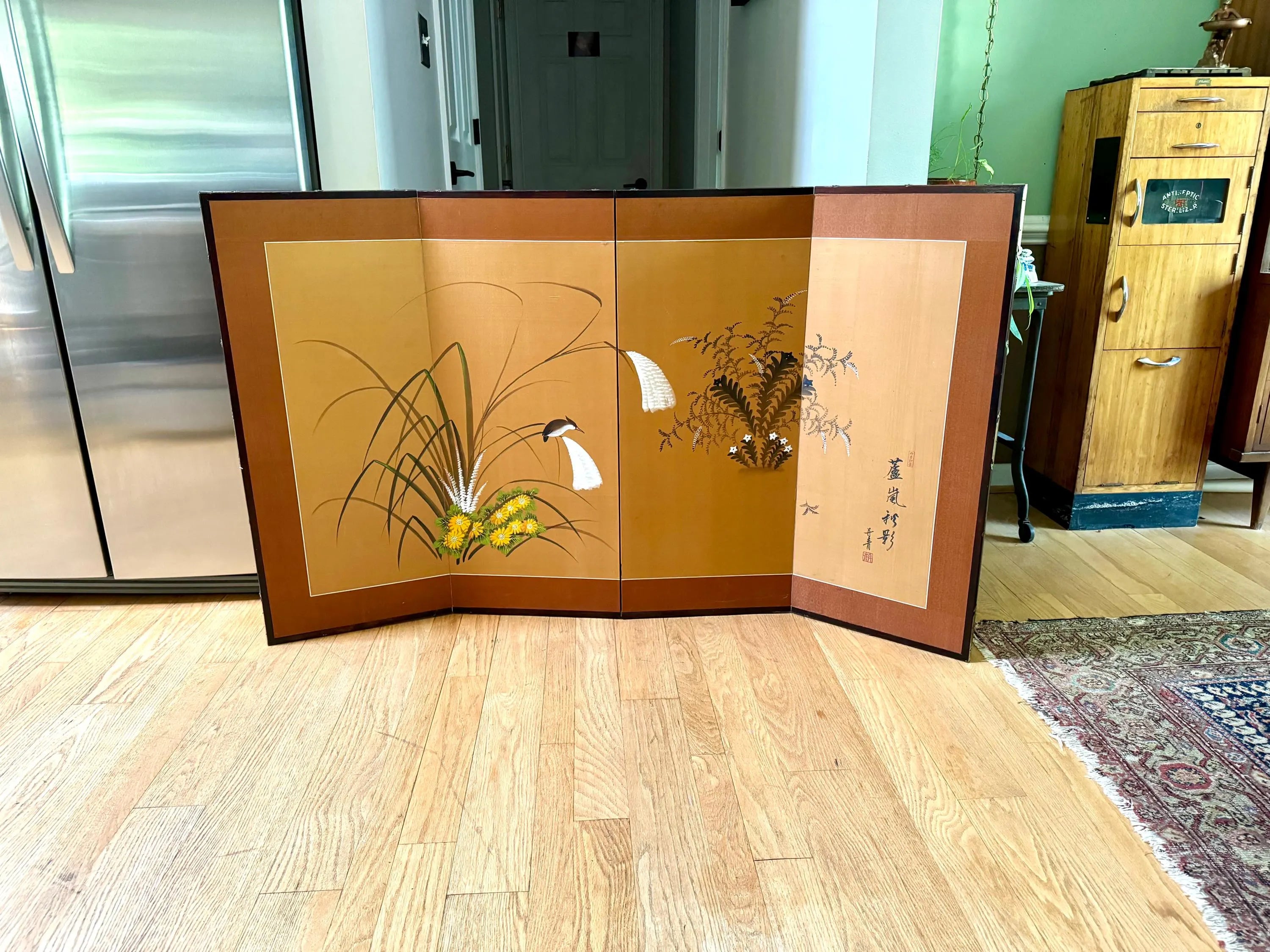 Vtg Japanese 4 Panel Byobu Folding Screen| Japanese Hand Painted on Silk Folding Art| Japanese Floral Scene 35" x 60" Folding Art