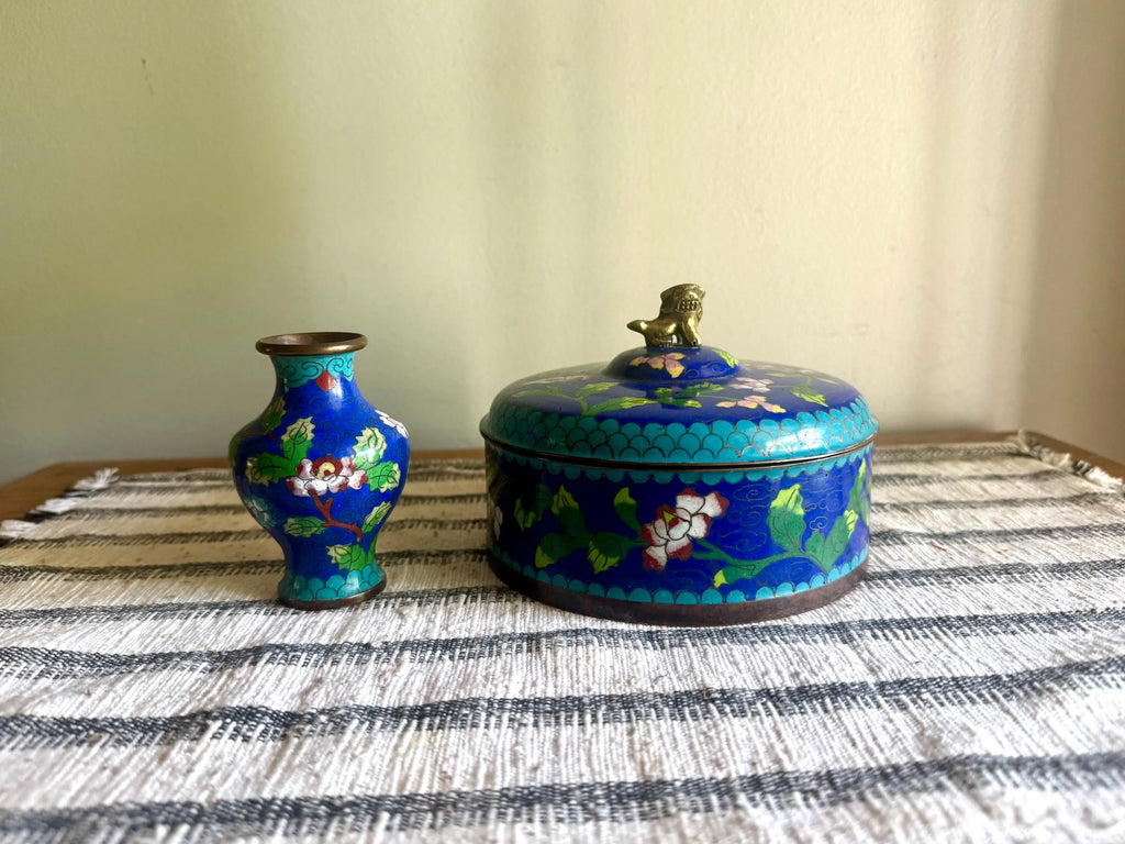 Antique Chinese Copperl Trinket Box | Enamel Cloisonne Box | Enamel Covered Dish | Foo Dog Enamel Lidded Bowl & Cloisonne Bud Vase