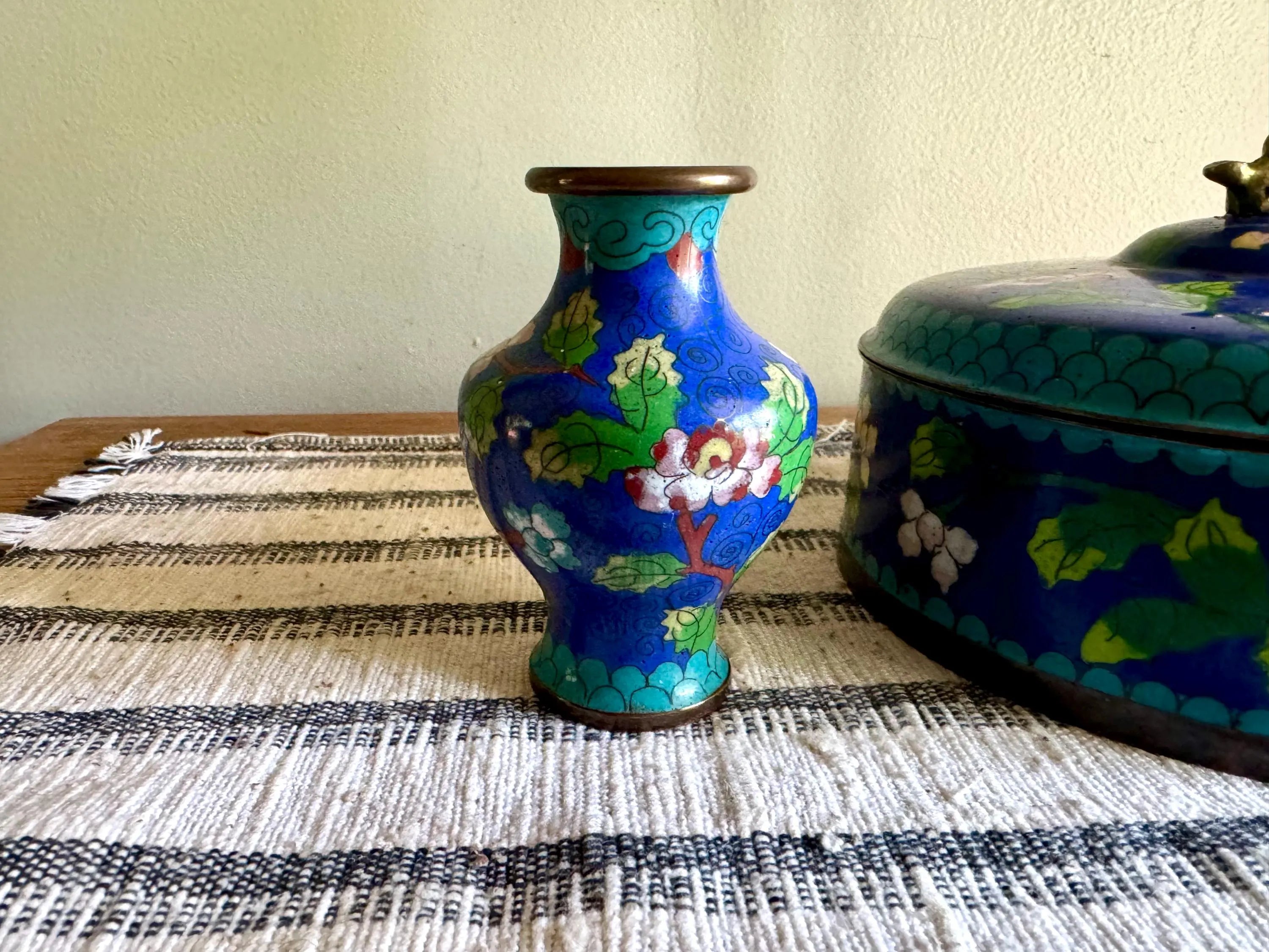 Antique Chinese Copperl Trinket Box | Enamel Cloisonne Box | Enamel Covered Dish | Foo Dog Enamel Lidded Bowl & Cloisonne Bud Vase