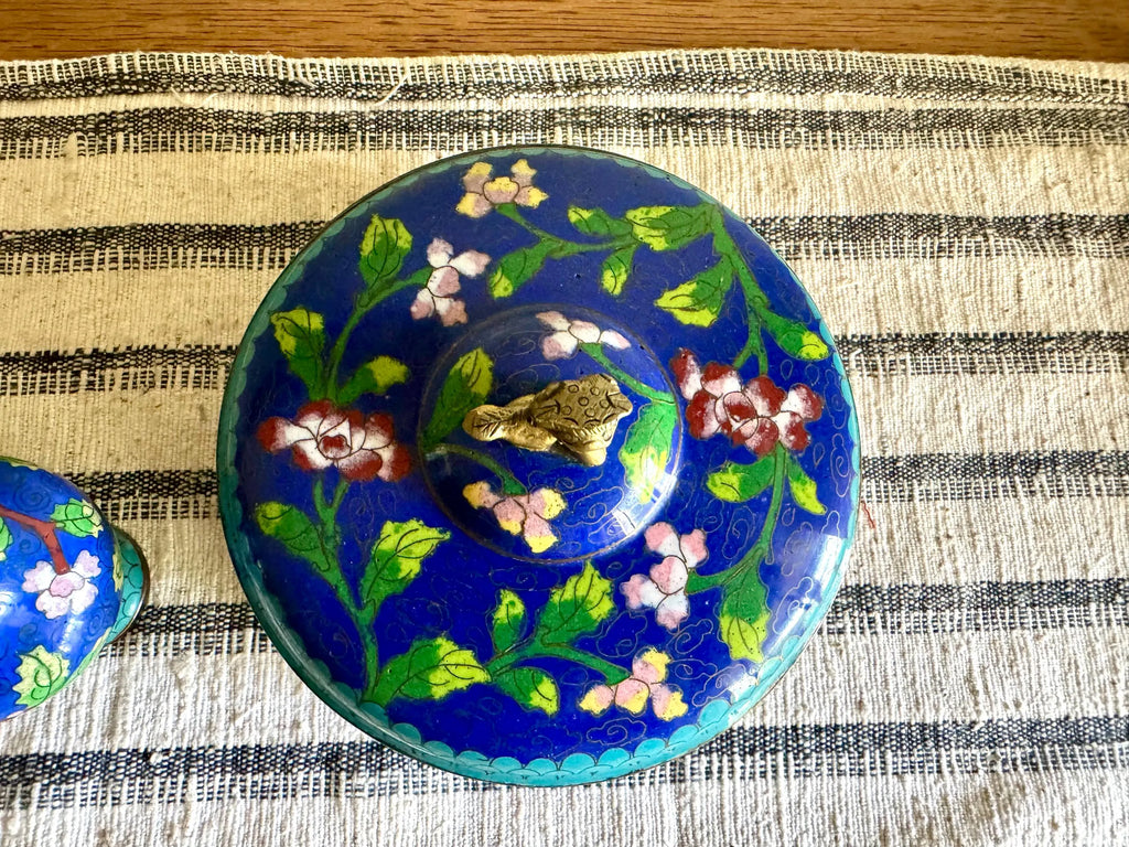 Antique Chinese Copperl Trinket Box | Enamel Cloisonne Box | Enamel Covered Dish | Foo Dog Enamel Lidded Bowl & Cloisonne Bud Vase