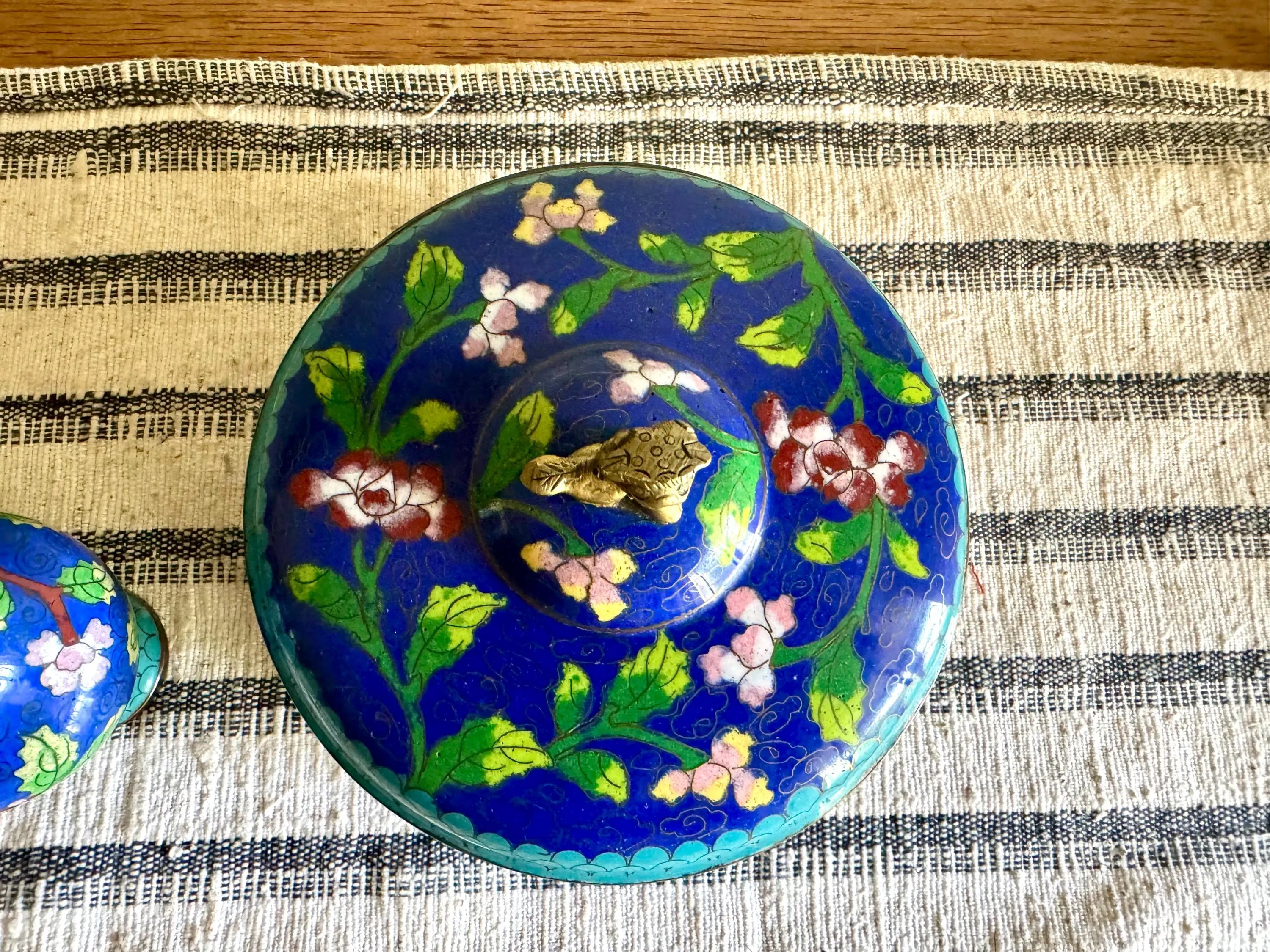 Antique Chinese Copperl Trinket Box | Enamel Cloisonne Box | Enamel Covered Dish | Foo Dog Enamel Lidded Bowl & Cloisonne Bud Vase