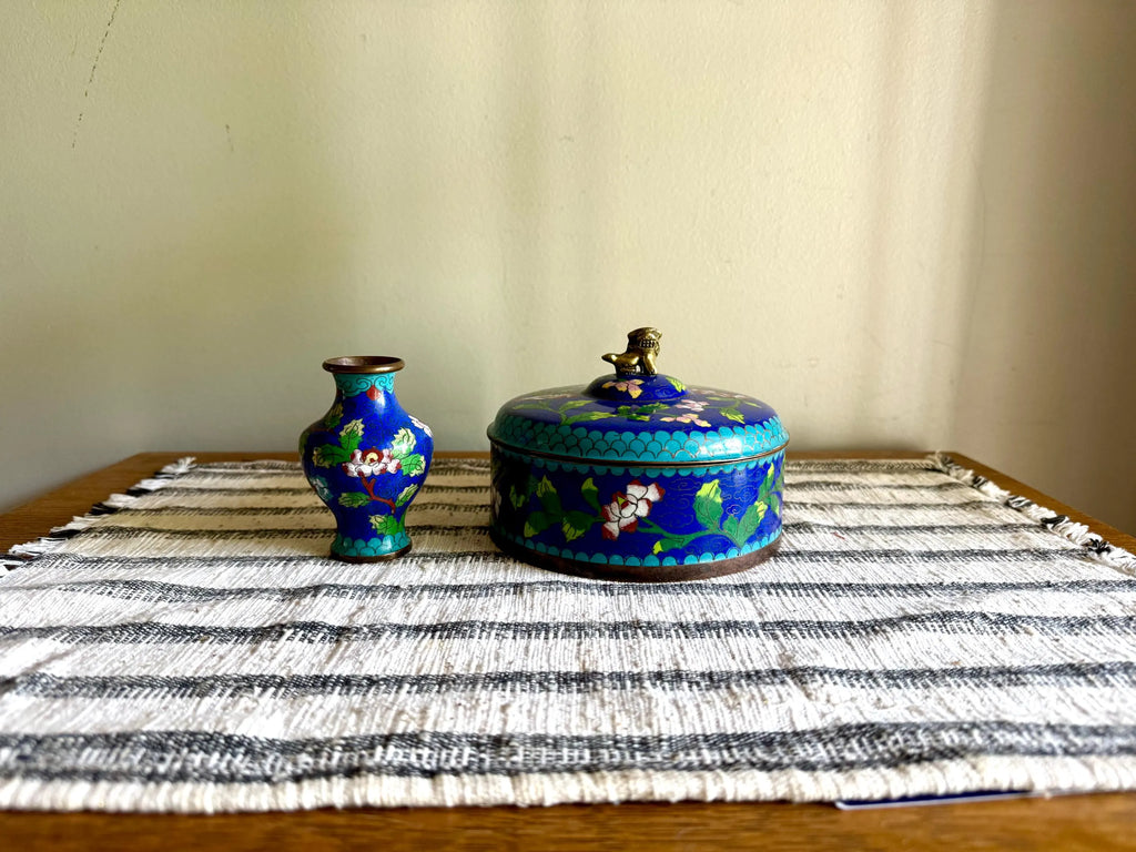 Antique Chinese Copperl Trinket Box | Enamel Cloisonne Box | Enamel Covered Dish | Foo Dog Enamel Lidded Bowl & Cloisonne Bud Vase