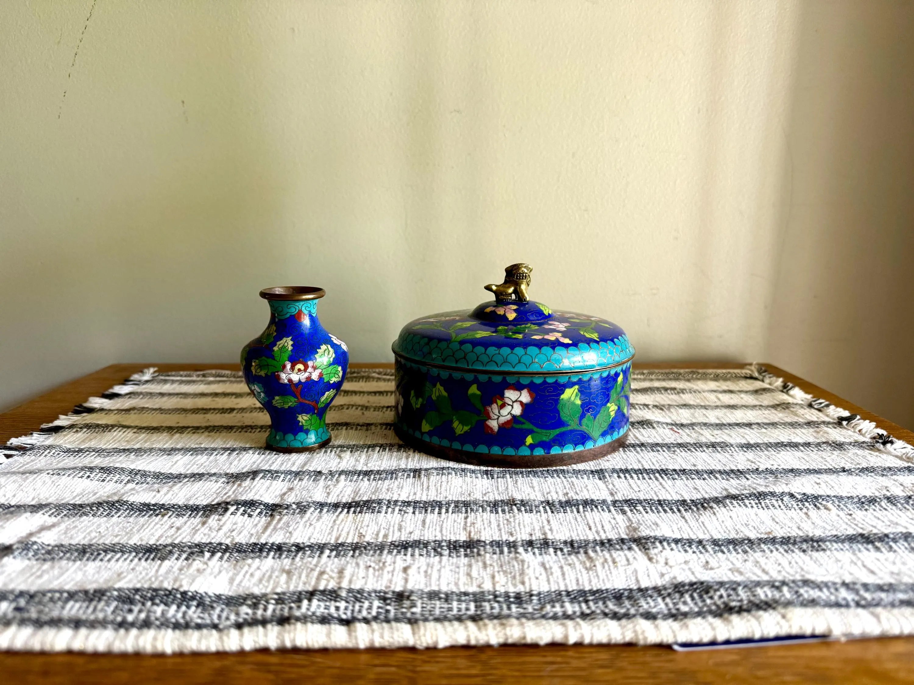 Antique Chinese Copperl Trinket Box | Enamel Cloisonne Box | Enamel Covered Dish | Foo Dog Enamel Lidded Bowl & Cloisonne Bud Vase
