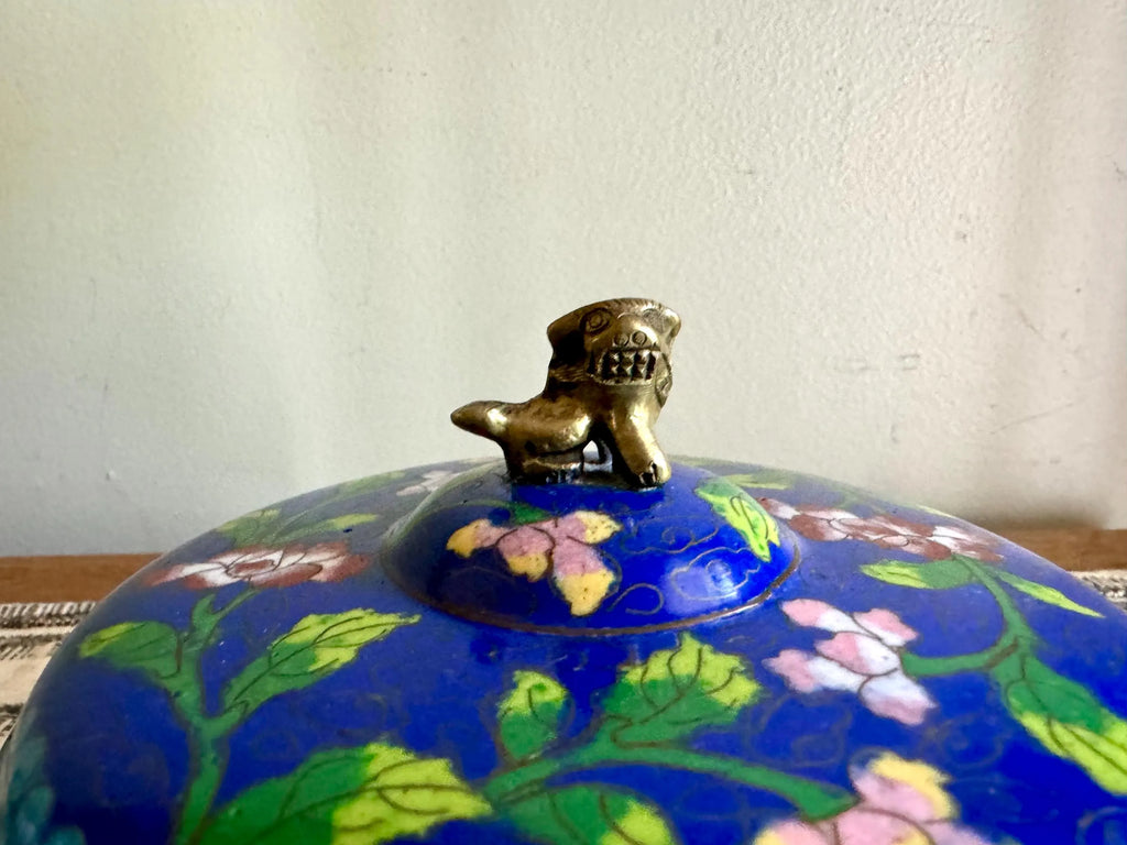 Antique Chinese Copperl Trinket Box | Enamel Cloisonne Box | Enamel Covered Dish | Foo Dog Enamel Lidded Bowl & Cloisonne Bud Vase