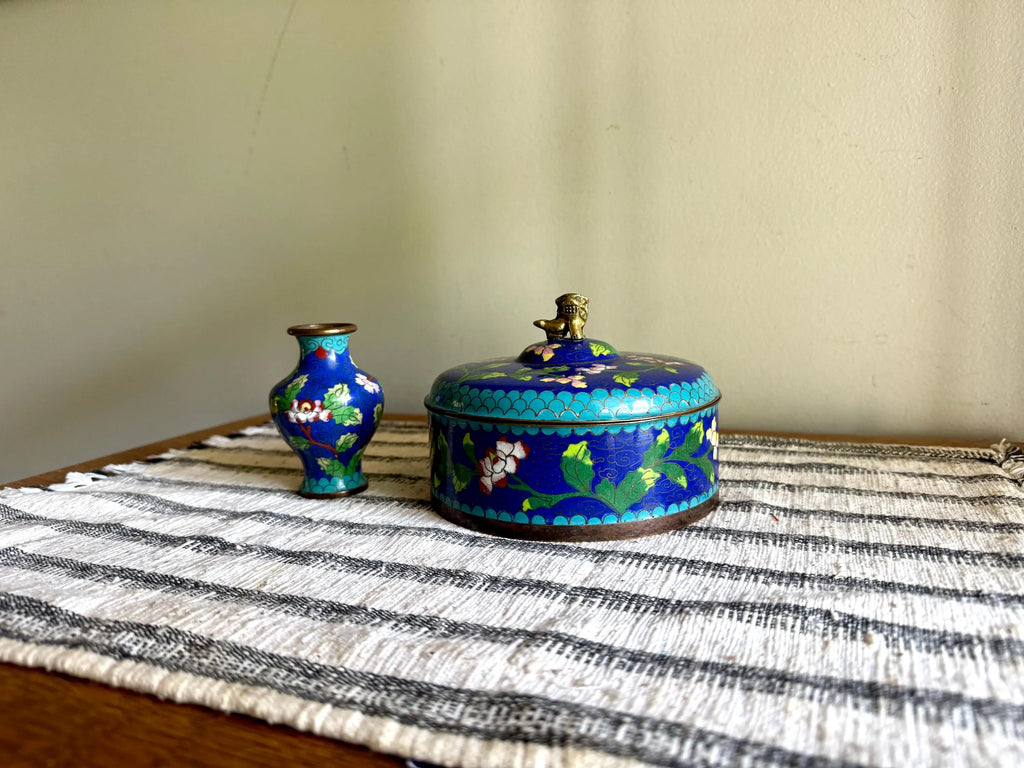 Antique Chinese Copperl Trinket Box | Enamel Cloisonne Box | Enamel Covered Dish | Foo Dog Enamel Lidded Bowl & Cloisonne Bud Vase