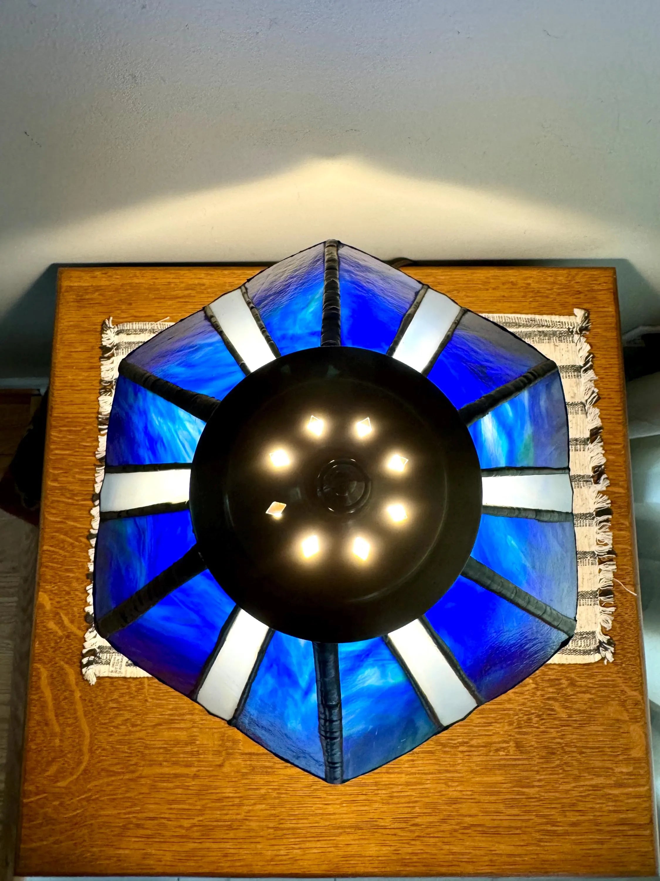 Vintage Tiffany Style Blue Stained Glass Desk Lamp | Art Deco Lady Figurine Stained Glass Lamp | Tiffany Style Tree Lady Accent Lamp