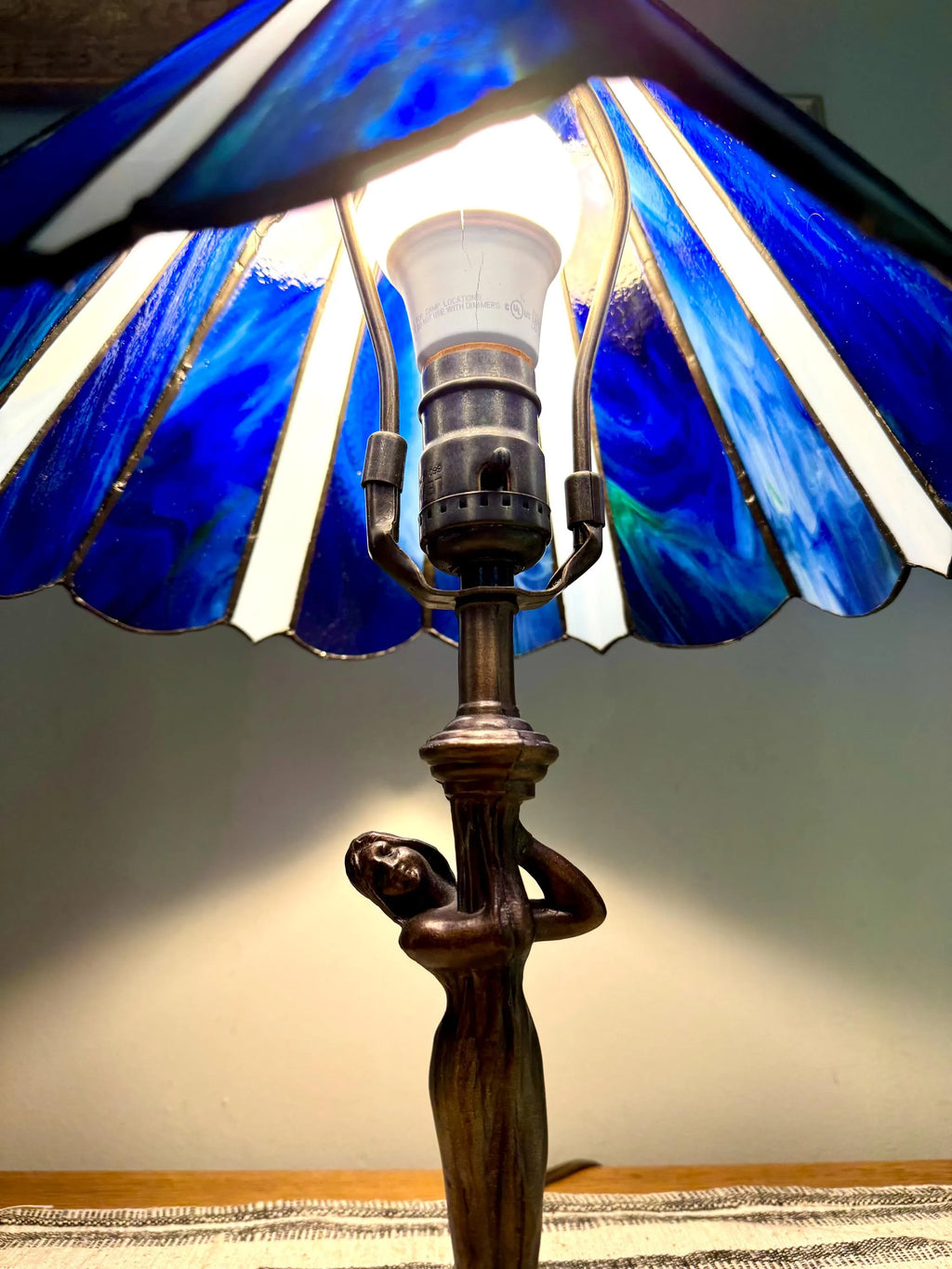 Vintage Tiffany Style Blue Stained Glass Desk Lamp | Art Deco Lady Figurine Stained Glass Lamp | Tiffany Style Tree Lady Accent Lamp