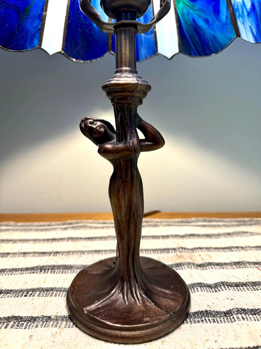 Vintage Tiffany Style Blue Stained Glass Desk Lamp | Art Deco Lady Figurine Stained Glass Lamp | Tiffany Style Tree Lady Accent Lamp
