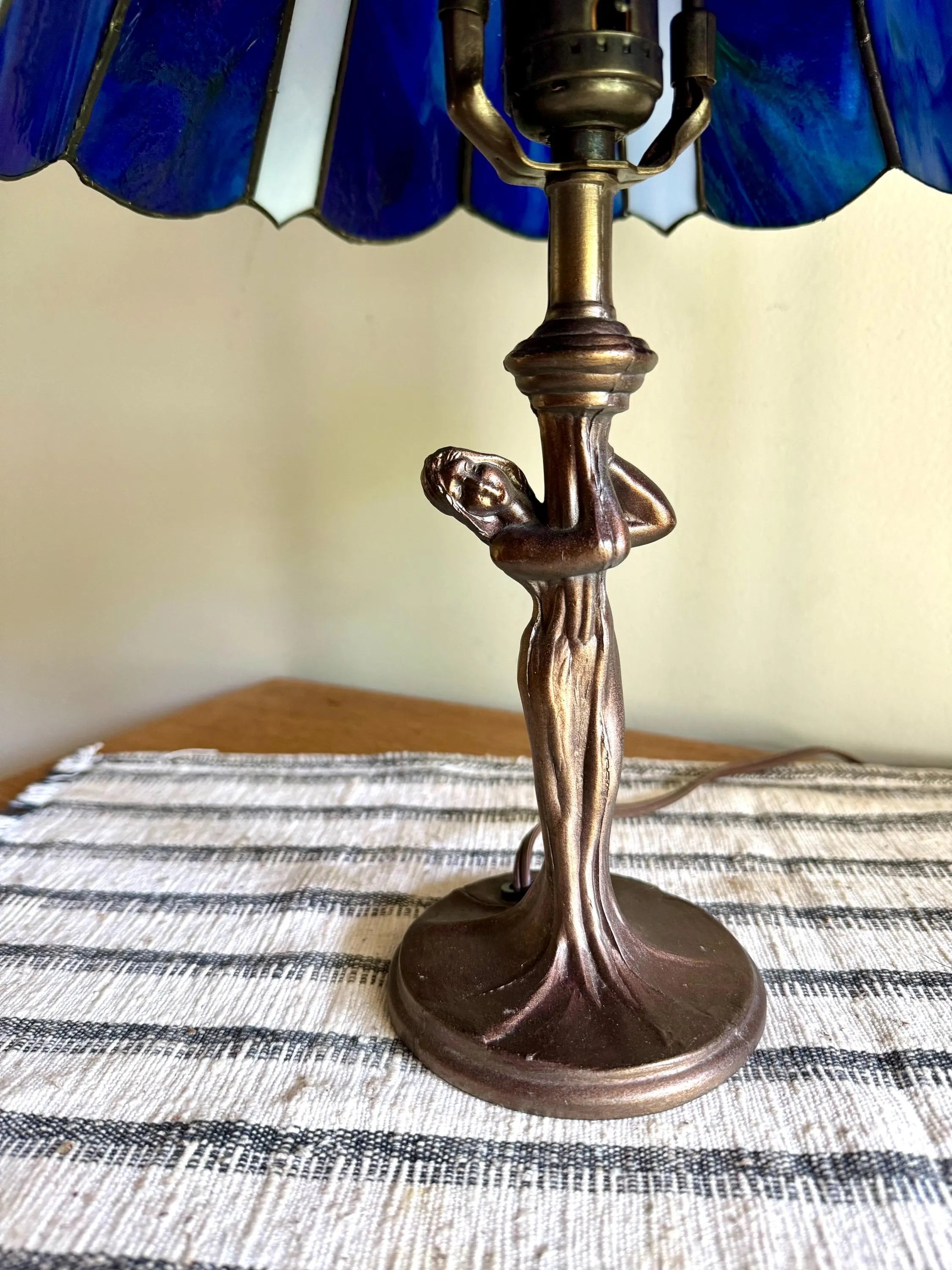 Vintage Tiffany Style Blue Stained Glass Desk Lamp | Art Deco Lady Figurine Stained Glass Lamp | Tiffany Style Tree Lady Accent Lamp