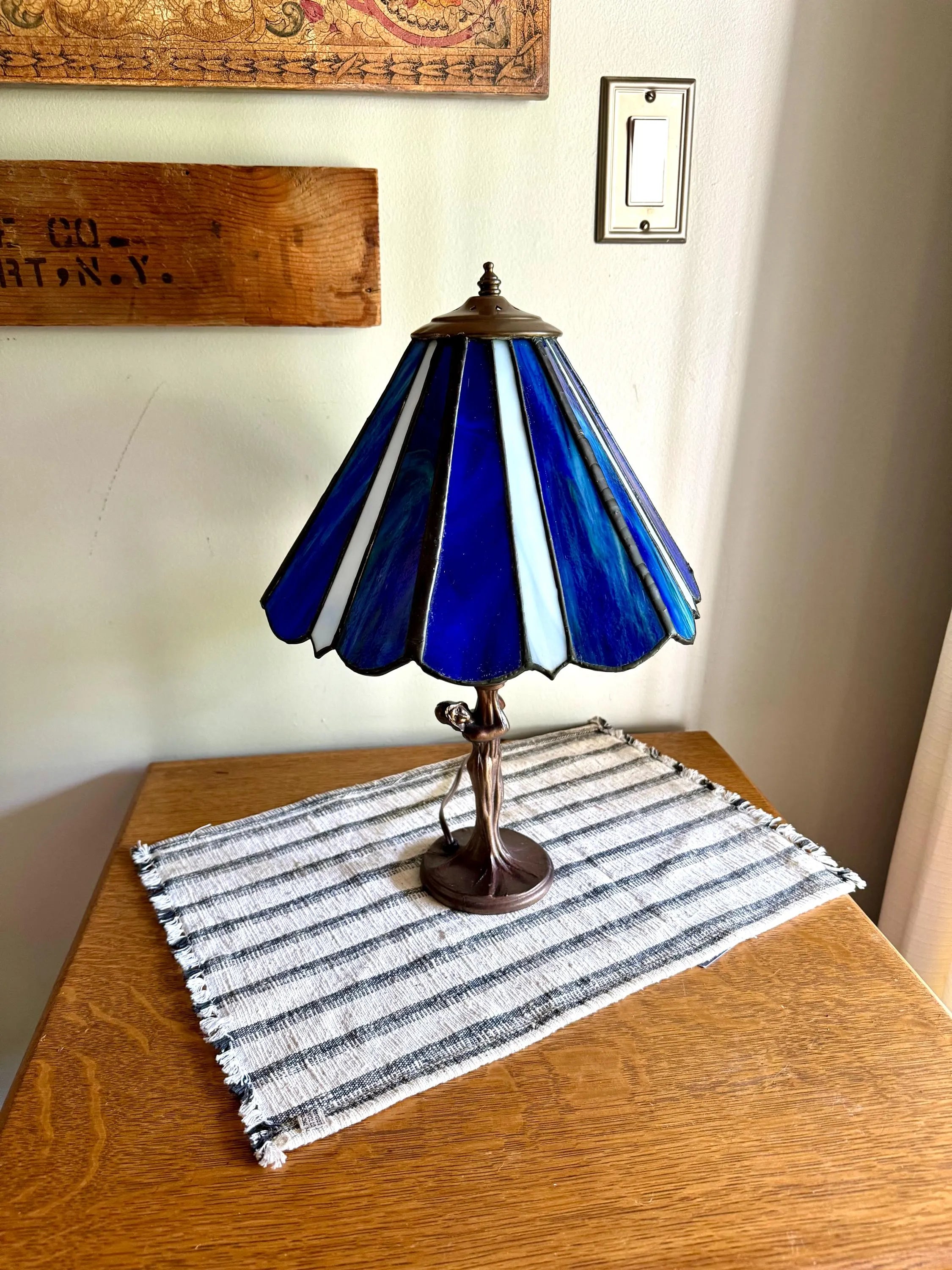 Vintage Tiffany Style Blue Stained Glass Desk Lamp | Art Deco Lady Figurine Stained Glass Lamp | Tiffany Style Tree Lady Accent Lamp