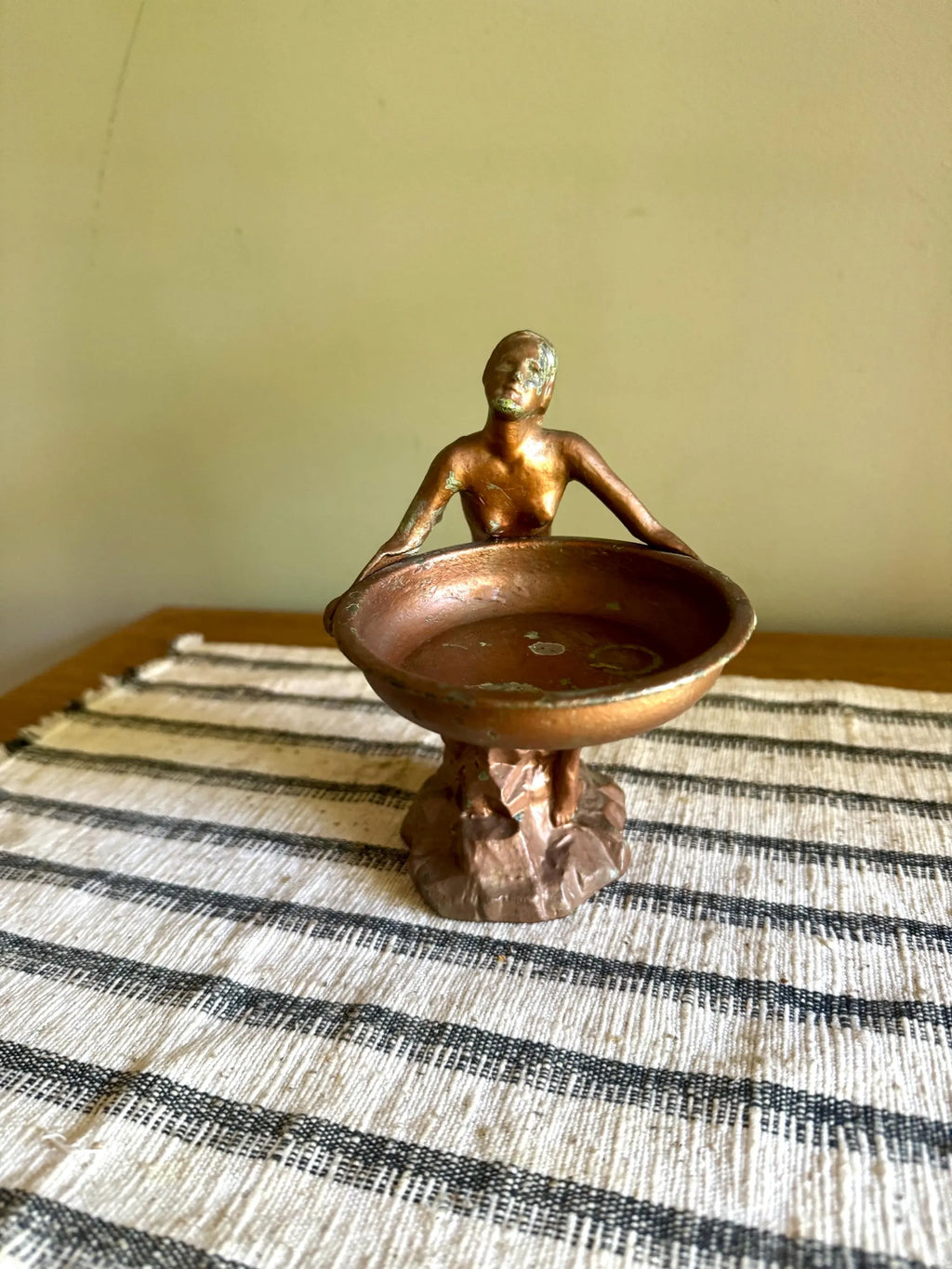 Art Deco Nude Figurine Trinket Tray | Distressed Metal Nude Lady Figurine Ashtray Holder | Distressed Bronze Finish Ring Dish