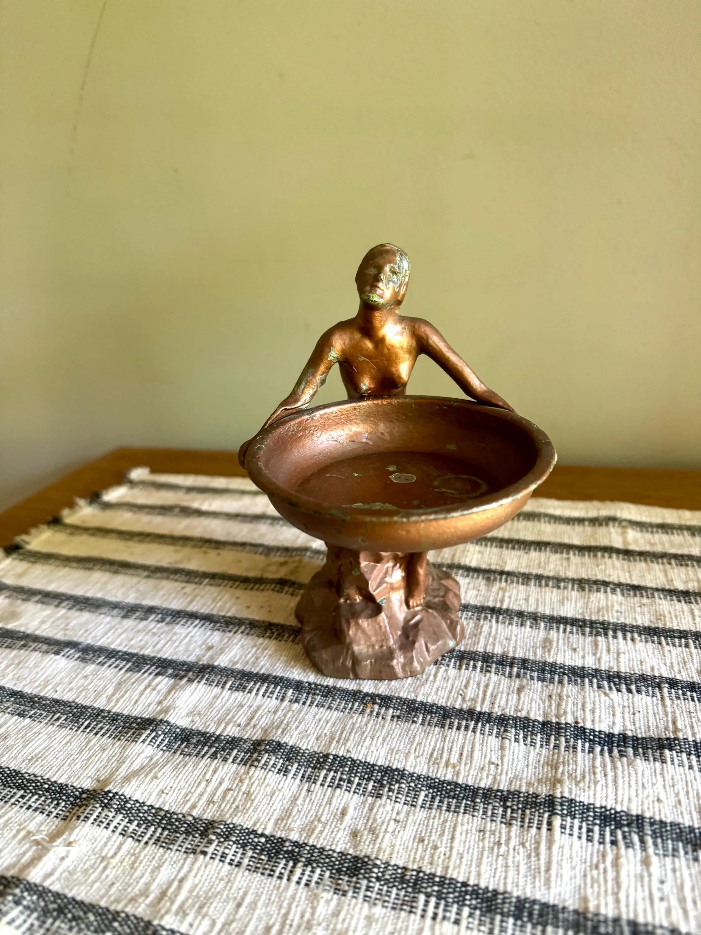 Art Deco Nude Figurine Trinket Tray | Distressed Metal Nude Lady Figurine Ashtray Holder | Distressed Bronze Finish Ring Dish