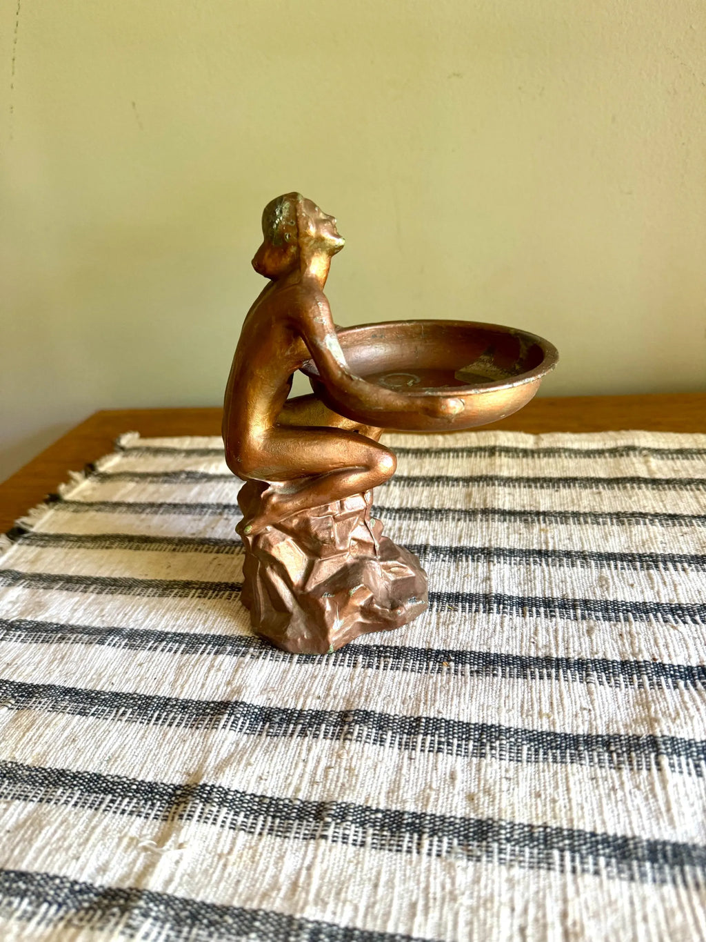 Art Deco Nude Figurine Trinket Tray | Distressed Metal Nude Lady Figurine Ashtray Holder | Distressed Bronze Finish Ring Dish