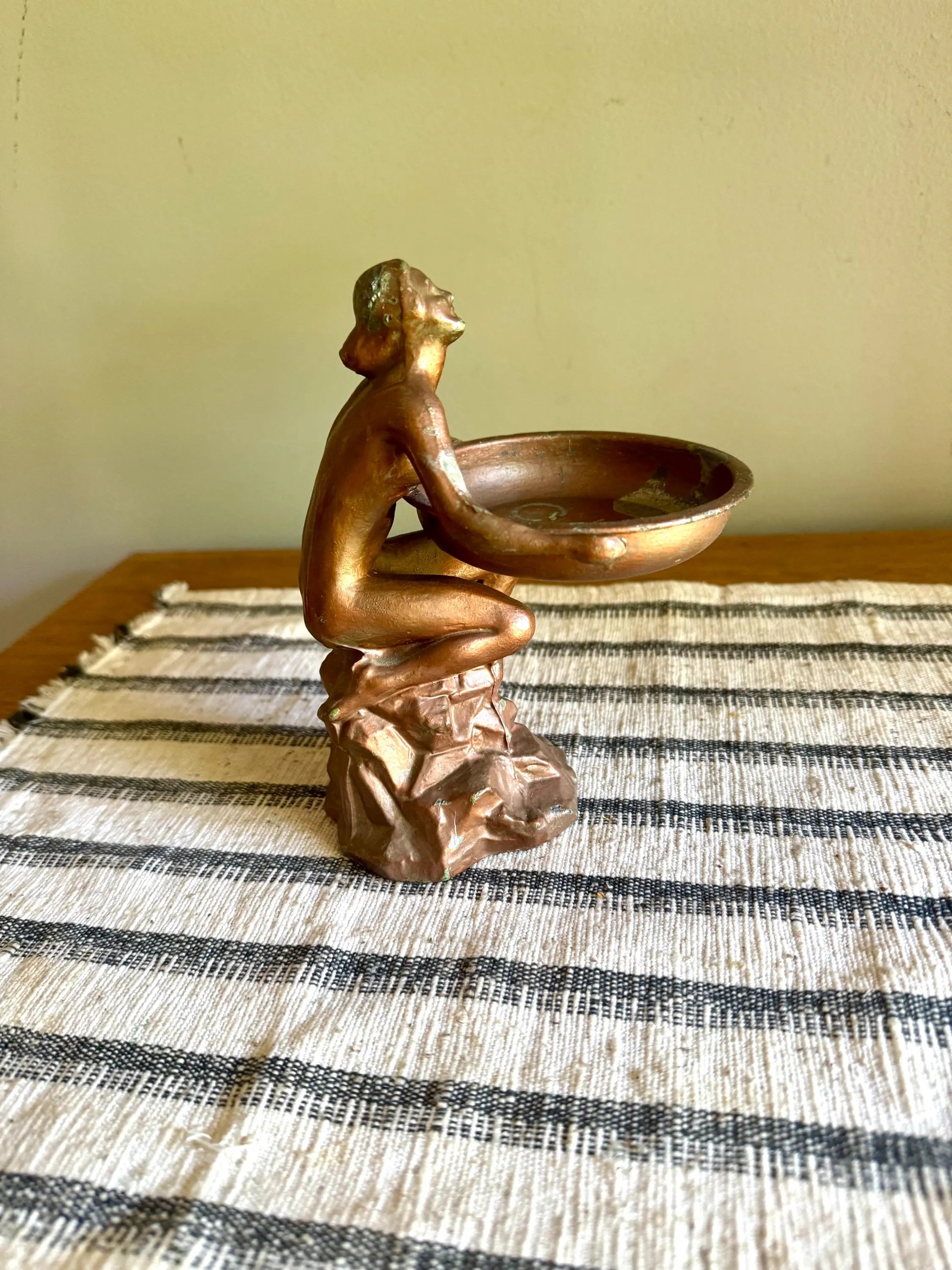 Art Deco Nude Figurine Trinket Tray | Distressed Metal Nude Lady Figurine Ashtray Holder | Distressed Bronze Finish Ring Dish