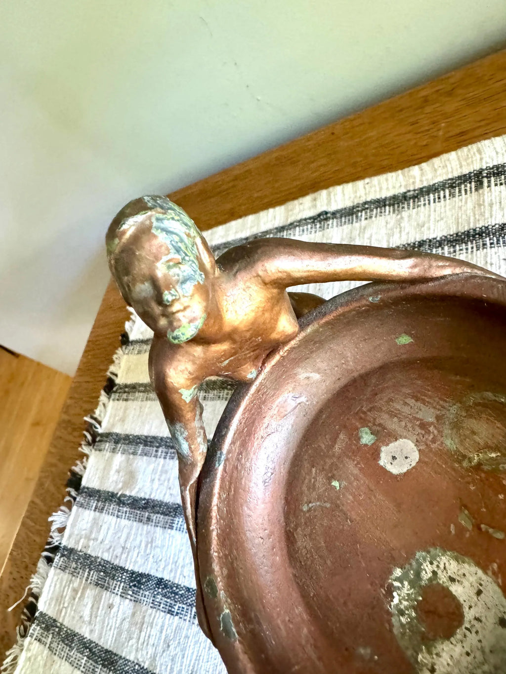 Art Deco Nude Figurine Trinket Tray | Distressed Metal Nude Lady Figurine Ashtray Holder | Distressed Bronze Finish Ring Dish