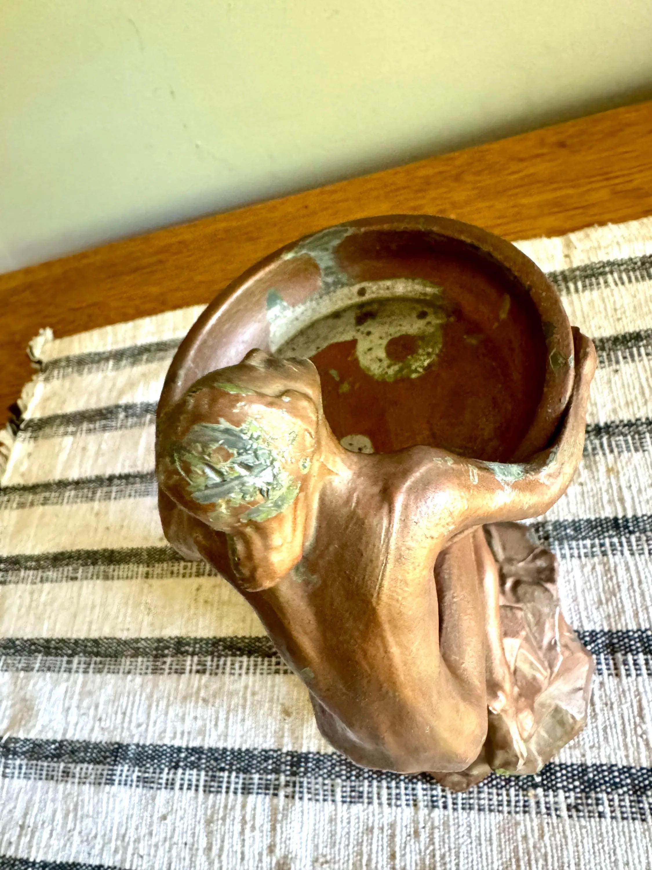 Art Deco Nude Figurine Trinket Tray | Distressed Metal Nude Lady Figurine Ashtray Holder | Distressed Bronze Finish Ring Dish