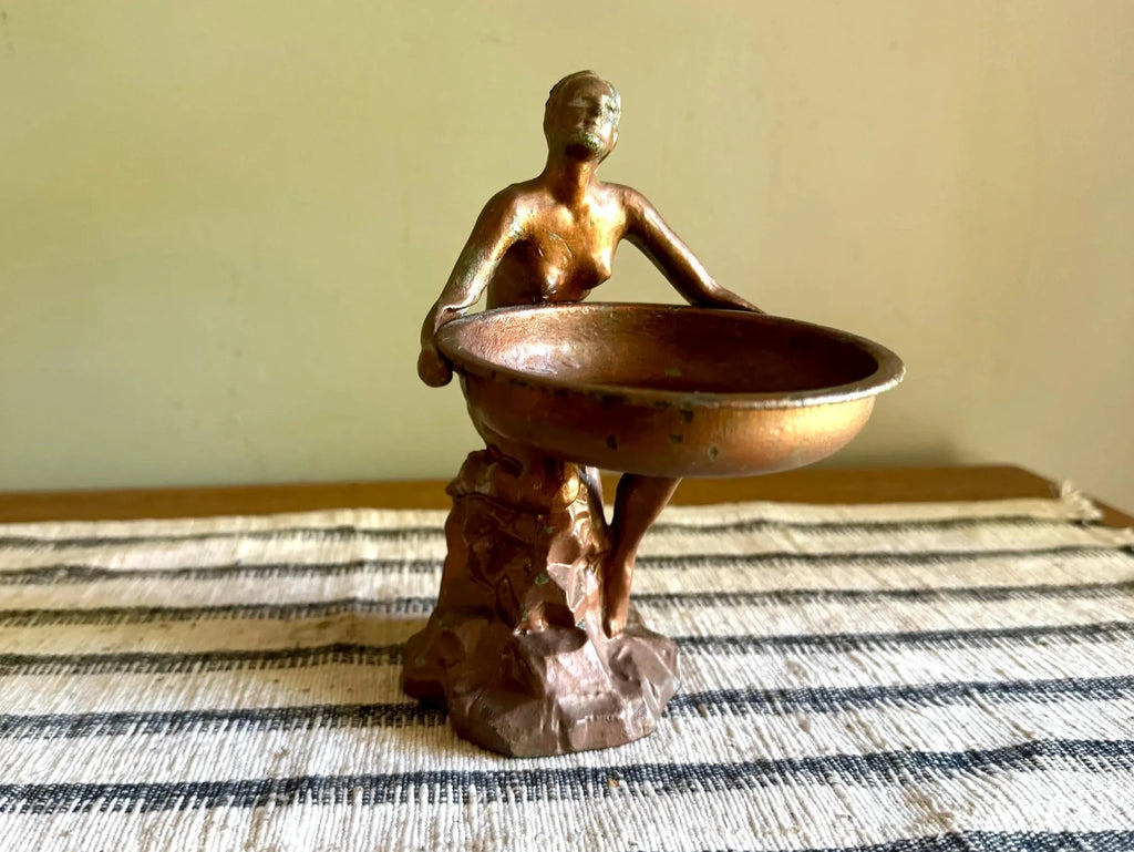 Art Deco Nude Figurine Trinket Tray | Distressed Metal Nude Lady Figurine Ashtray Holder | Distressed Bronze Finish Ring Dish