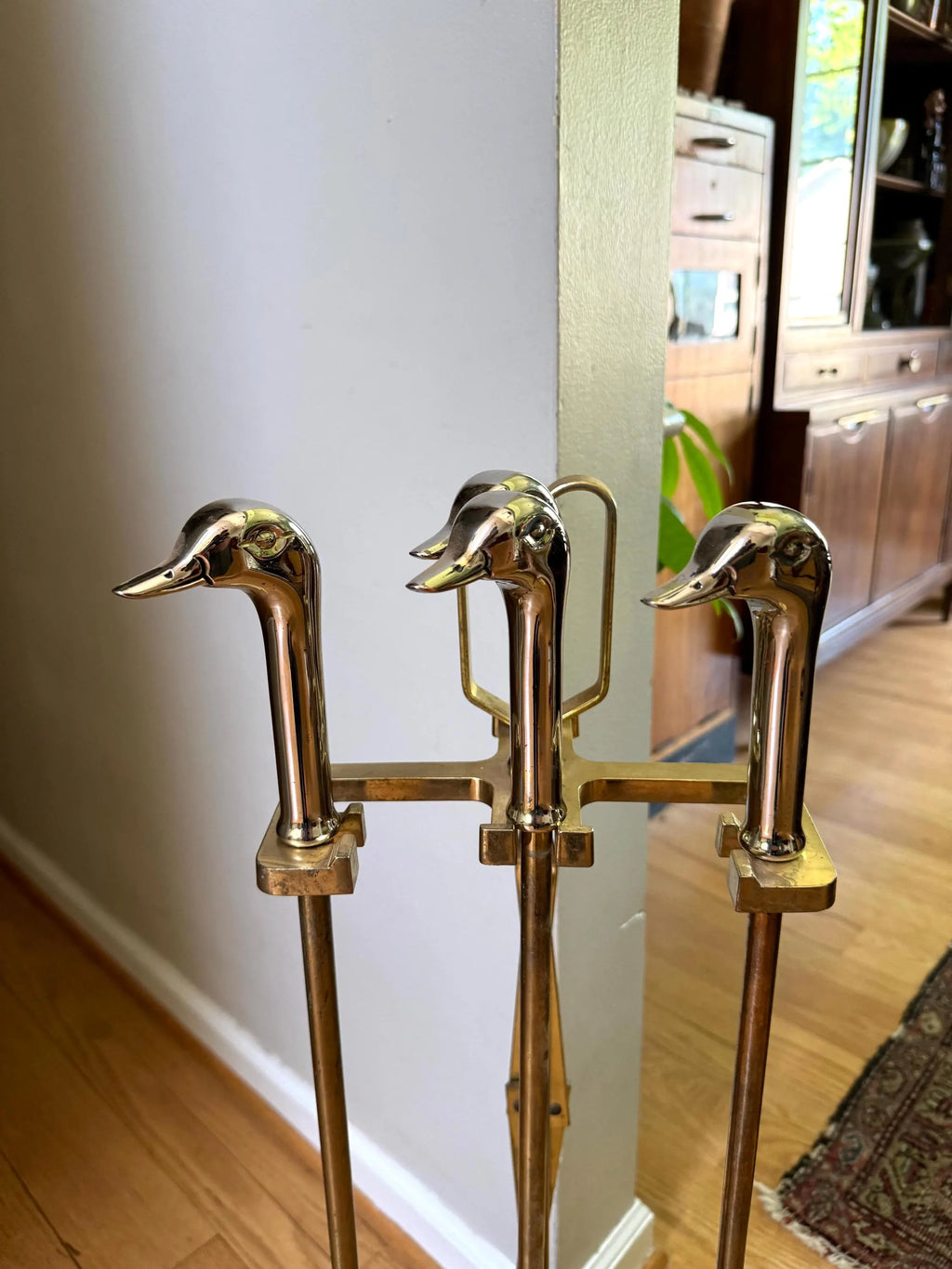 Vtg Silver and Brass Duck Head Fireplace Tools| Silver Duck Head Fireplace Tools| Distressed Finish Duck Head Fireplace Tools and Stand