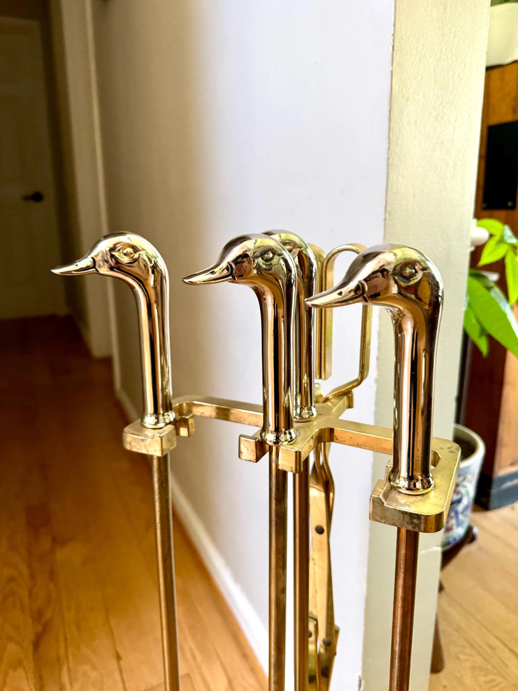 Vtg Silver and Brass Duck Head Fireplace Tools| Silver Duck Head Fireplace Tools| Distressed Finish Duck Head Fireplace Tools and Stand