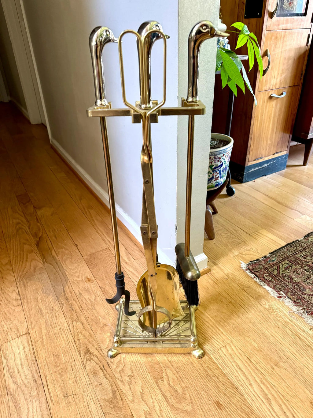 Vtg Silver and Brass Duck Head Fireplace Tools| Silver Duck Head Fireplace Tools| Distressed Finish Duck Head Fireplace Tools and Stand