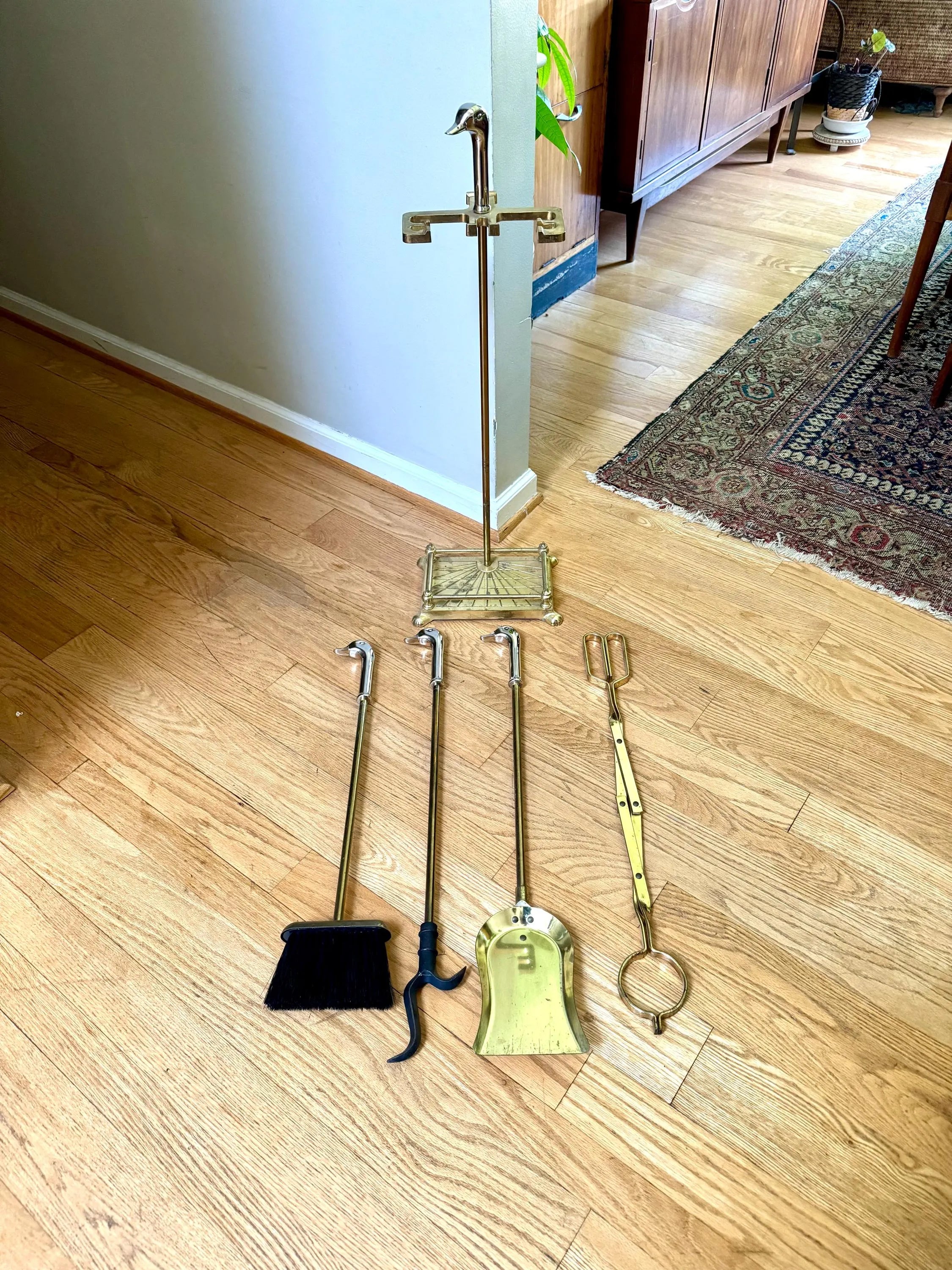 Vtg Silver and Brass Duck Head Fireplace Tools| Silver Duck Head Fireplace Tools| Distressed Finish Duck Head Fireplace Tools and Stand