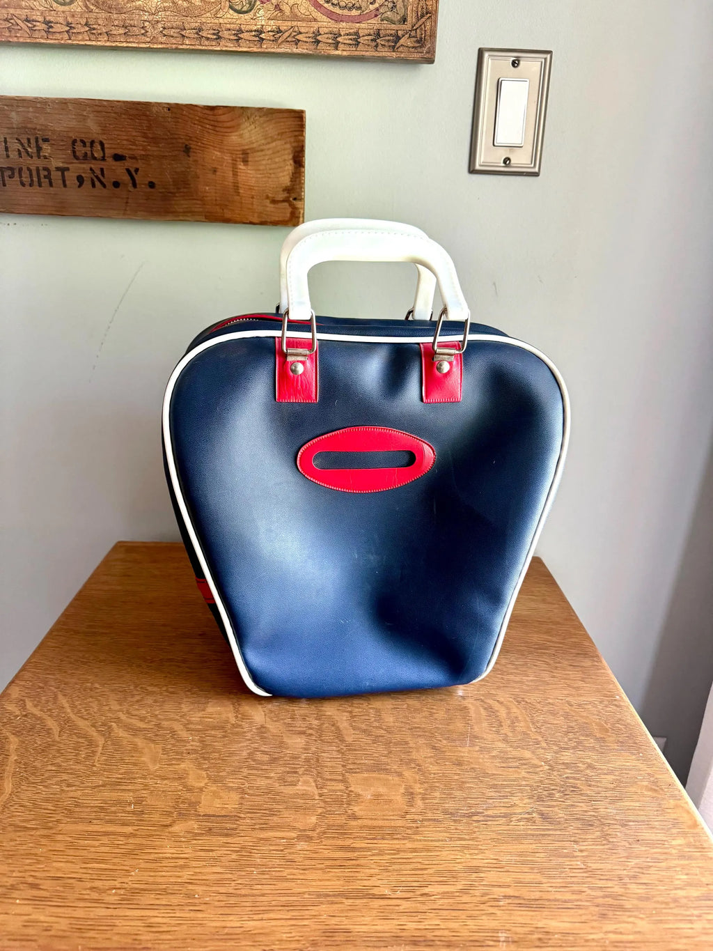 Vtg Atlantic Blue and Red Bowling Bag | Atlantic Vinyl Bowling Bag | Atlantic Bowling Ball Bag | Navy Blue Hand Bag