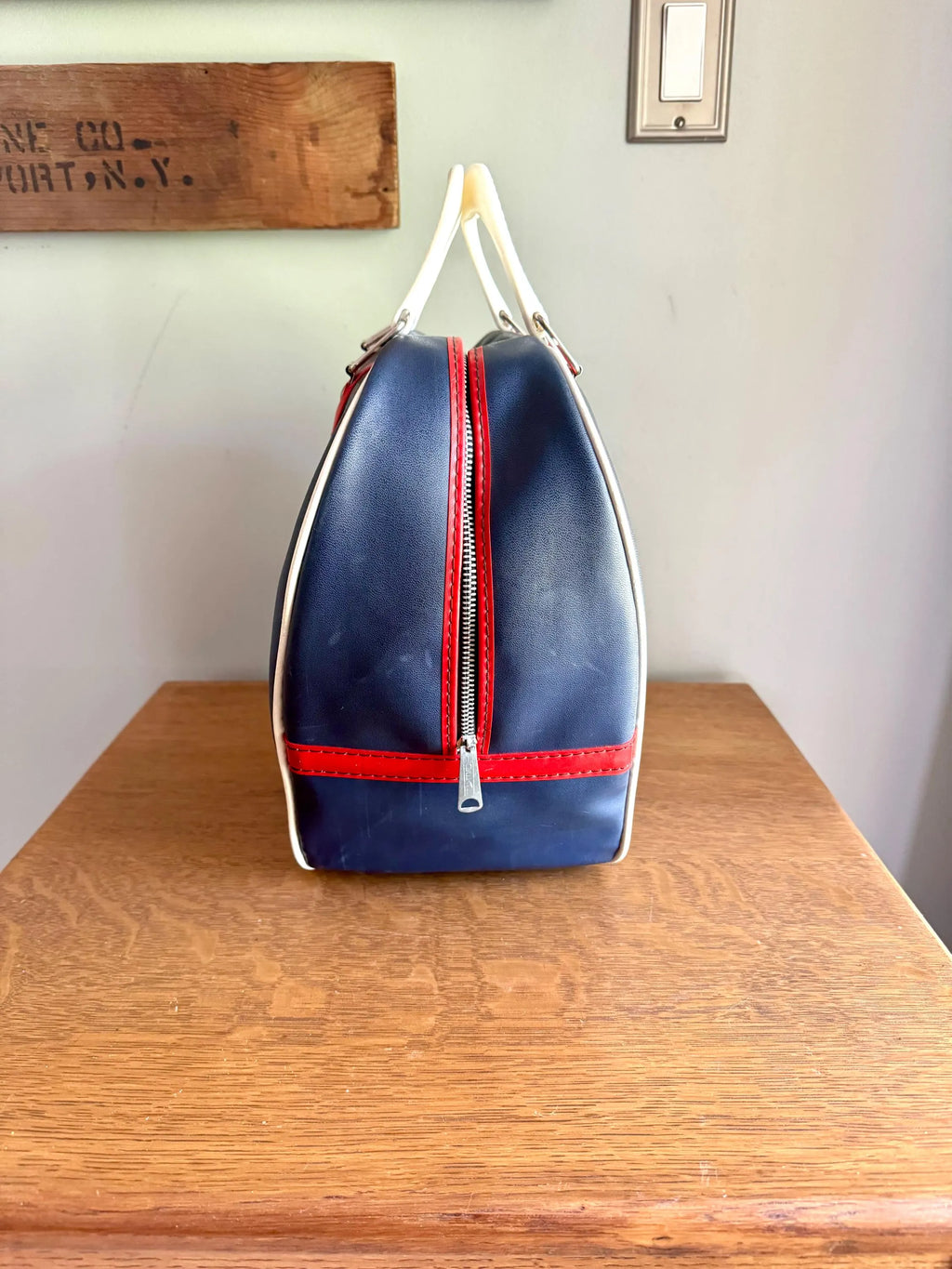 Vtg Atlantic Blue and Red Bowling Bag | Atlantic Vinyl Bowling Bag | Atlantic Bowling Ball Bag | Navy Blue Hand Bag