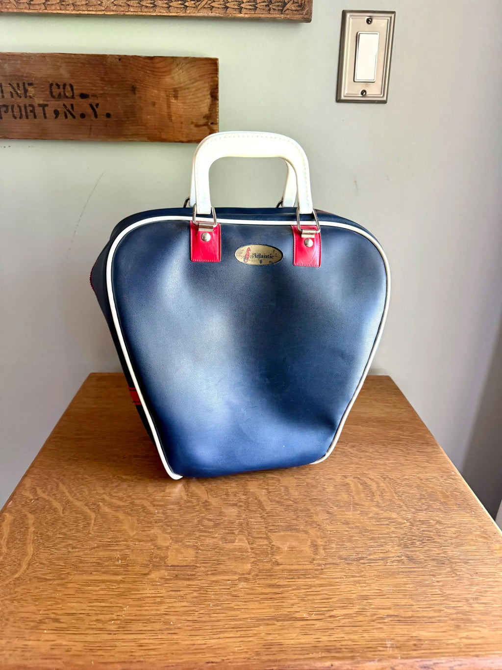 Vtg Atlantic Blue and Red Bowling Bag | Atlantic Vinyl Bowling Bag | Atlantic Bowling Ball Bag | Navy Blue Hand Bag