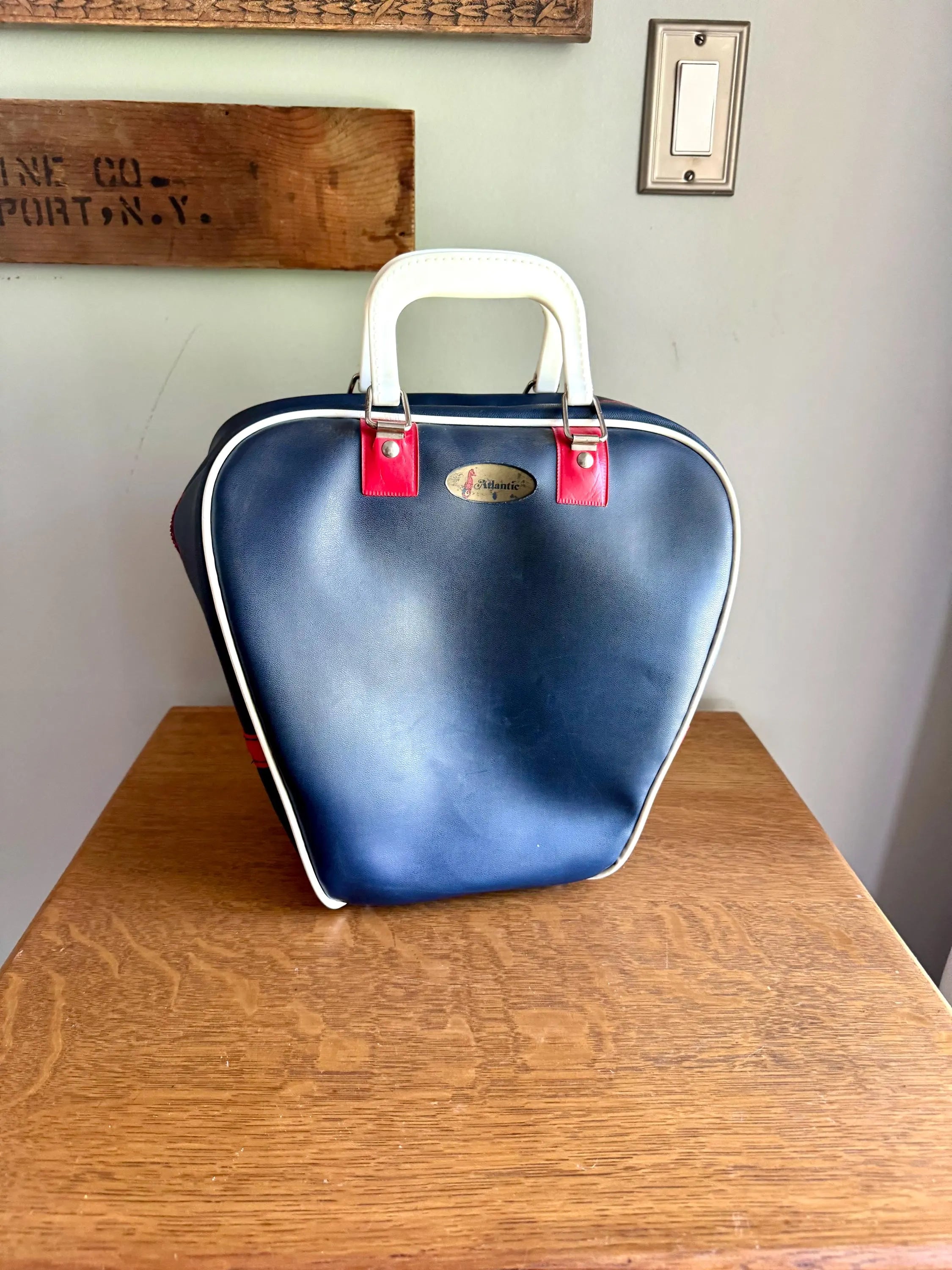 Vtg Atlantic Blue and Red Bowling Bag | Atlantic Vinyl Bowling Bag | Atlantic Bowling Ball Bag | Navy Blue Hand Bag
