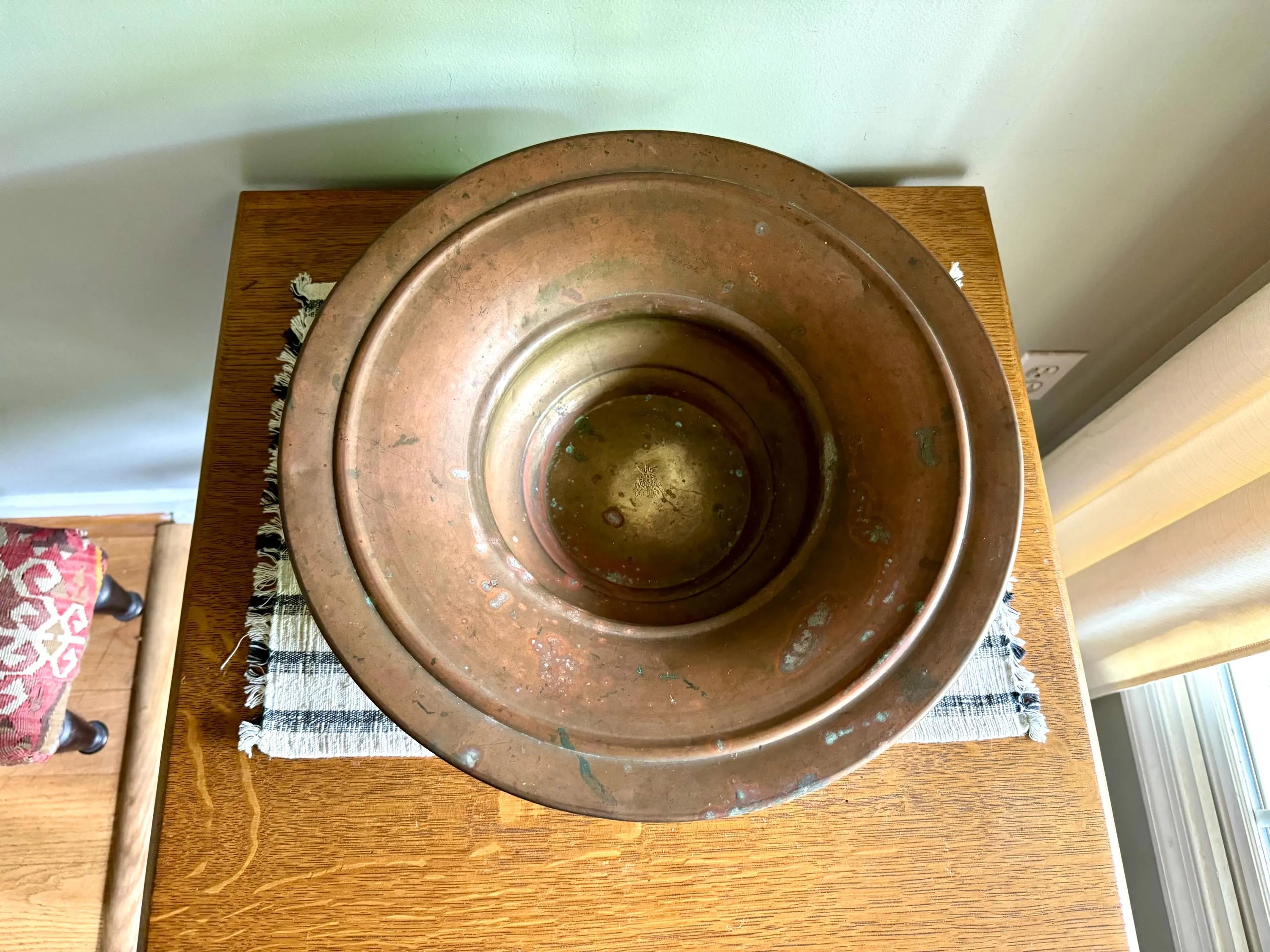 Antique Distressed Copper Bowl | French Copper Fruit Bowl | Copper Centerpiece Bowl | Antique Brass Bowl | Marked Large Distressed Copper Bowl