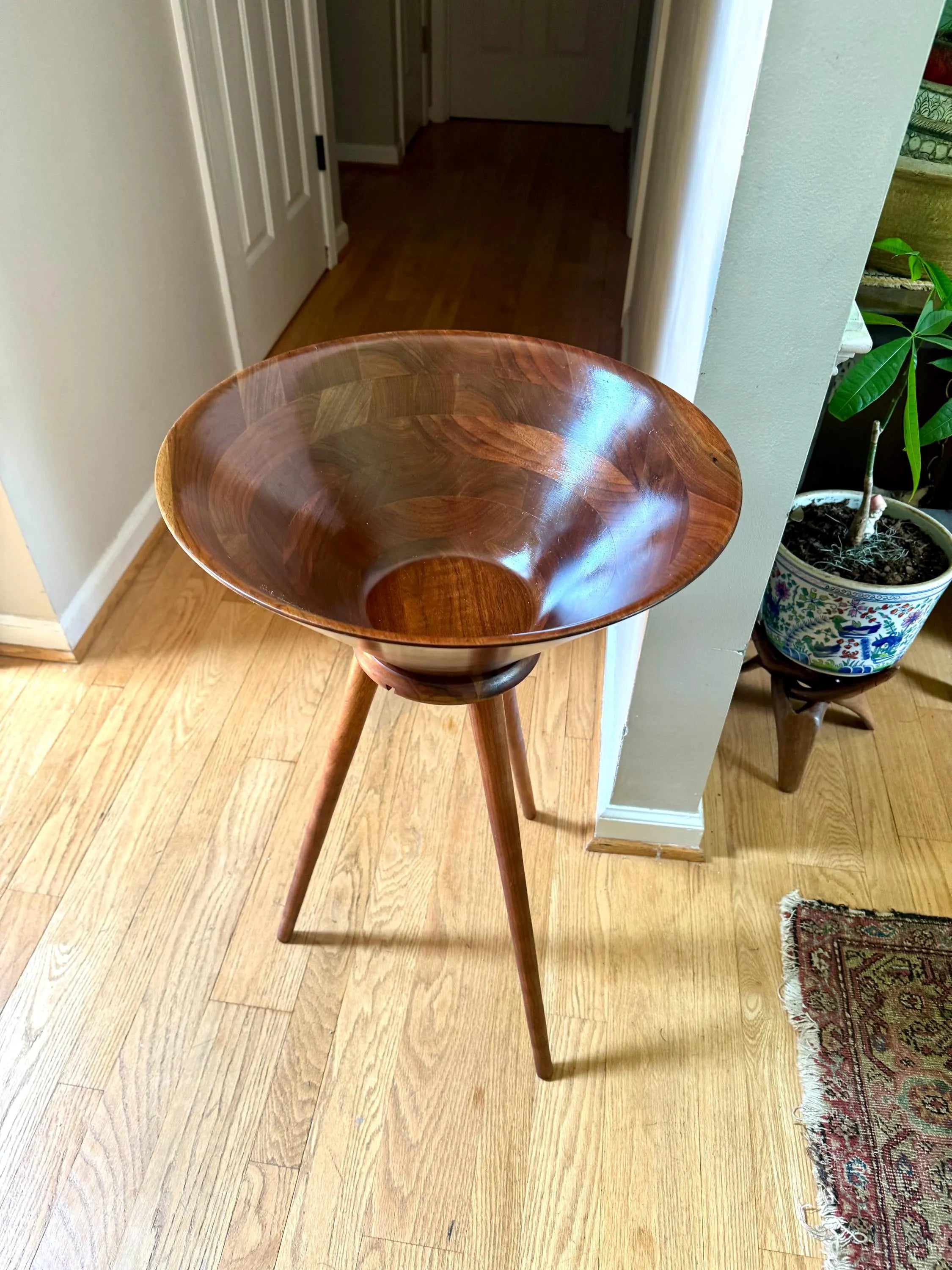 A Vintage Vermillion Walnut Salad Bowl Stand | Danish Modern Salad Bowl | MCM Salad Bowl on Legs | Vermillion Walnut Salad Bowl
