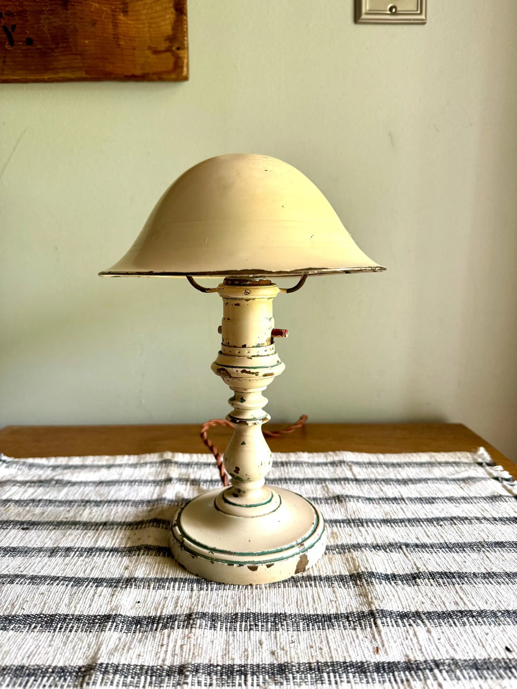 Vtg Small Distressed Reading Lamp | Small Brass Mushroom Shade Desk Lamp | Chippy Paint Small Rustic Reading Light | Rewired Small Lamp