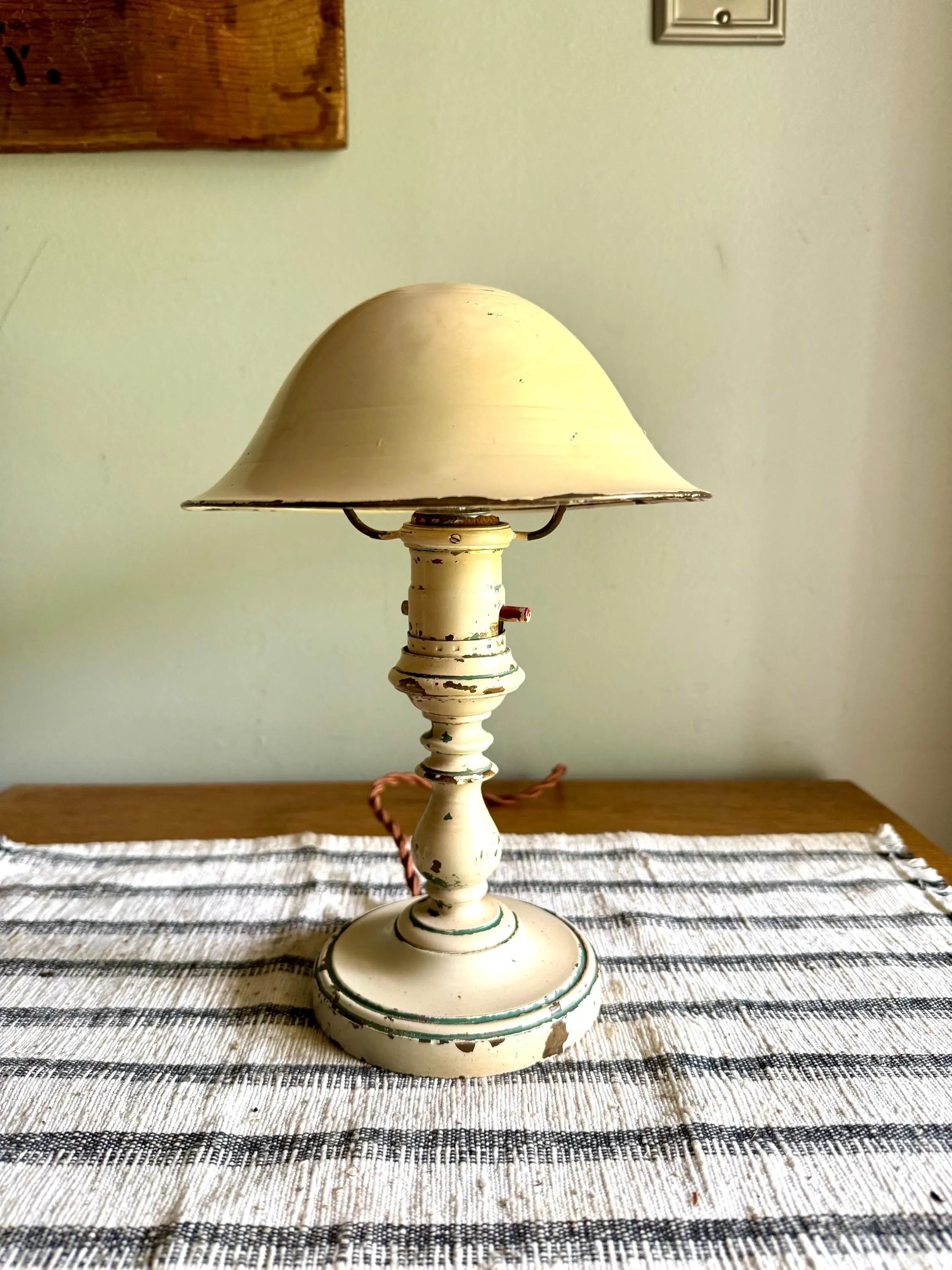 Vtg Small Distressed Reading Lamp | Small Brass Mushroom Shade Desk Lamp | Chippy Paint Small Rustic Reading Light | Rewired Small Lamp