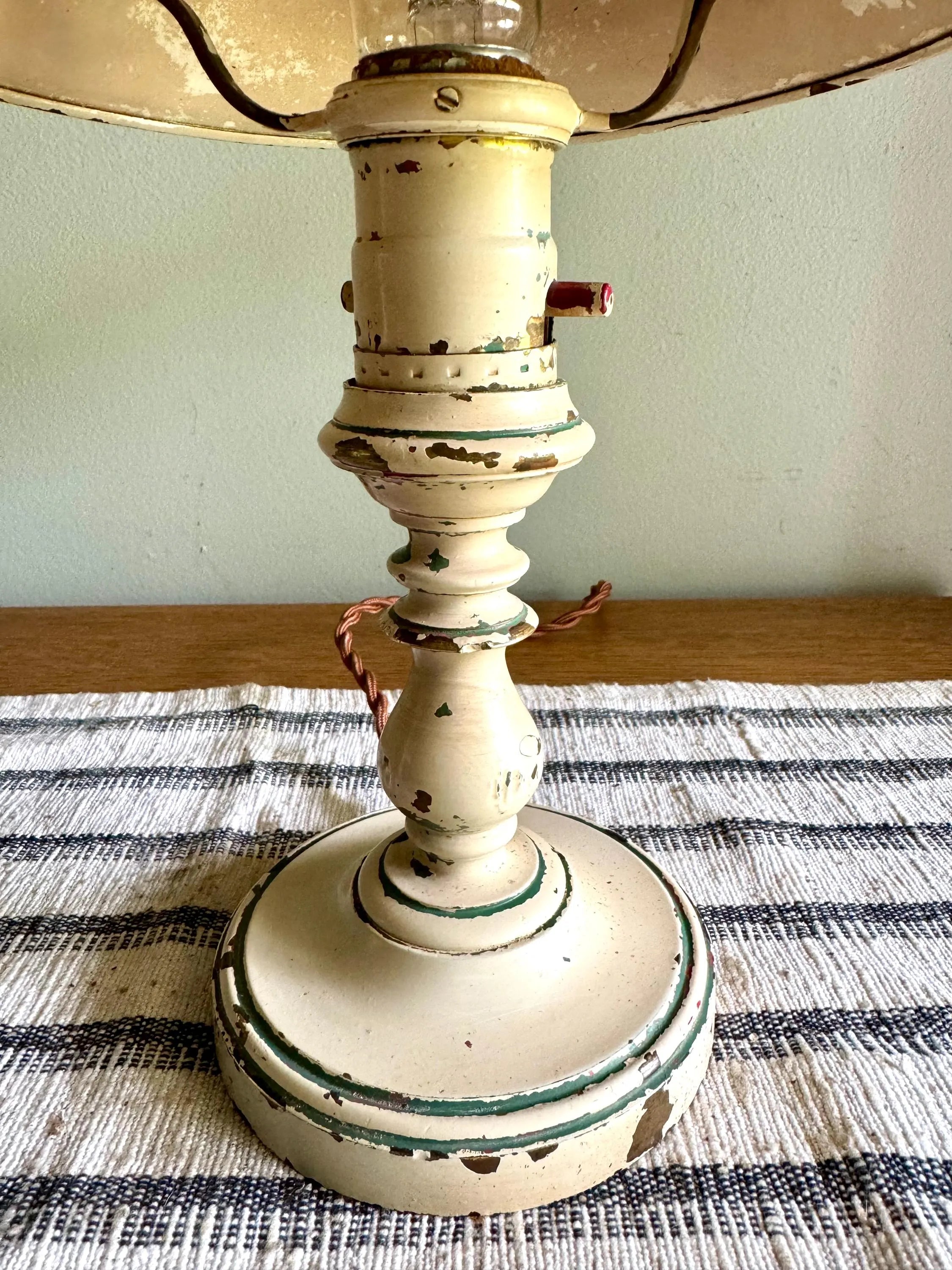 Vtg Small Distressed Reading Lamp | Small Brass Mushroom Shade Desk Lamp | Chippy Paint Small Rustic Reading Light | Rewired Small Lamp