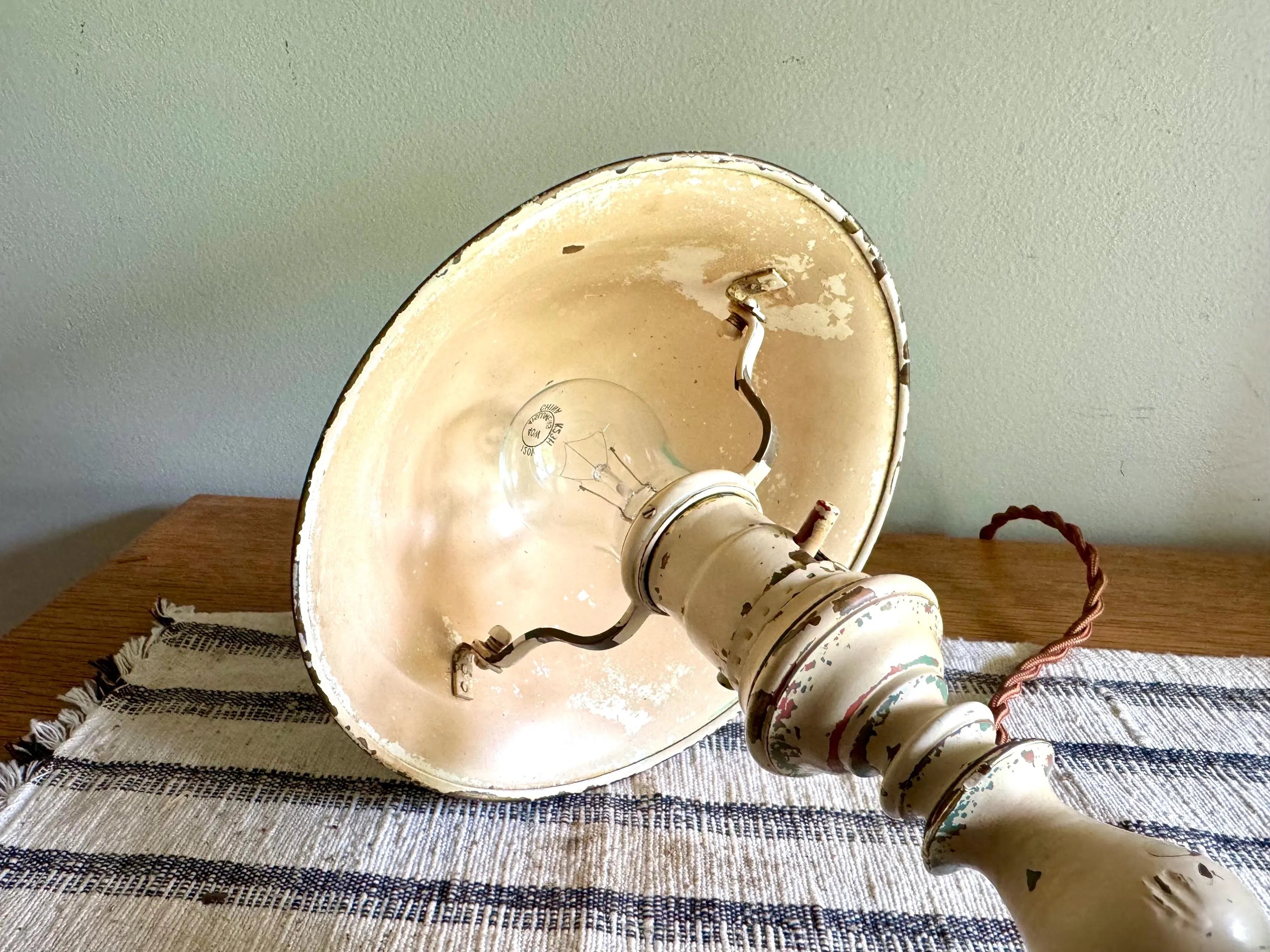 Vtg Small Distressed Reading Lamp | Small Brass Mushroom Shade Desk Lamp | Chippy Paint Small Rustic Reading Light | Rewired Small Lamp