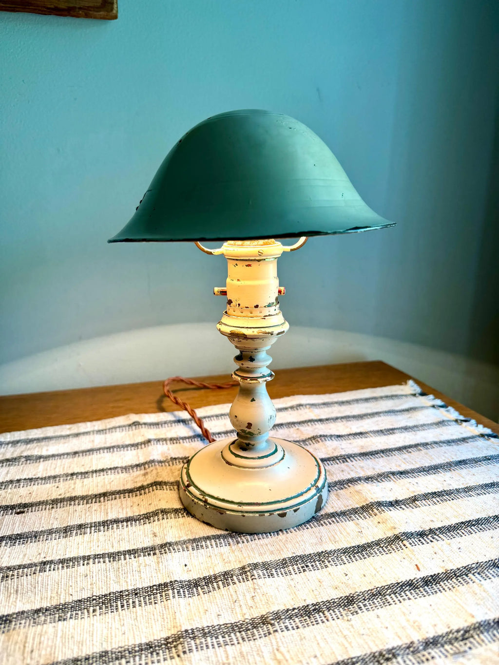 Vtg Small Distressed Reading Lamp | Small Brass Mushroom Shade Desk Lamp | Chippy Paint Small Rustic Reading Light | Rewired Small Lamp