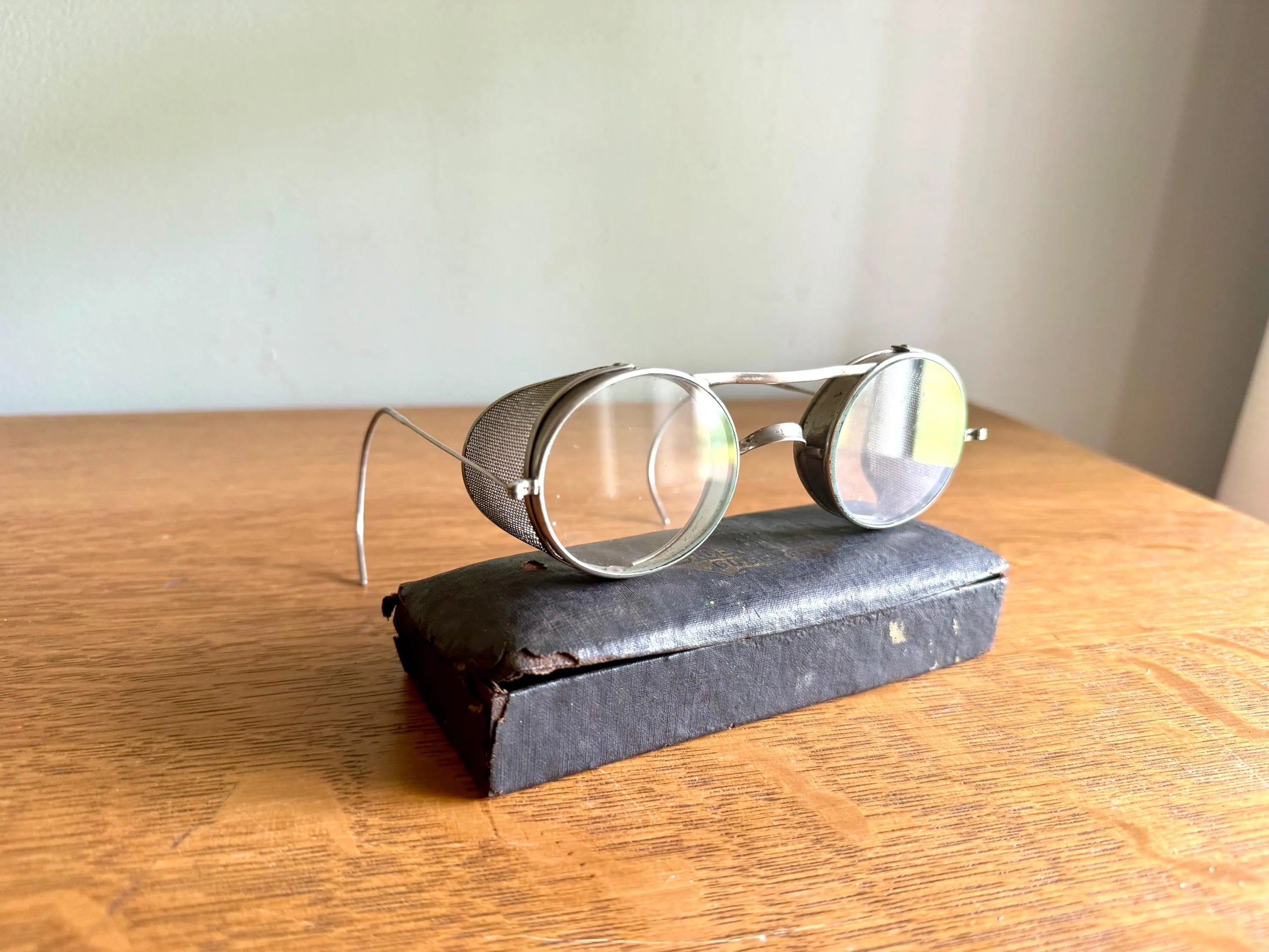 1940's Pierce Protecto Wire Rim Safety Glasses | Pierce Protecto Eyewear With Original Case | Vintage Factory Glasses or Riding Glasses