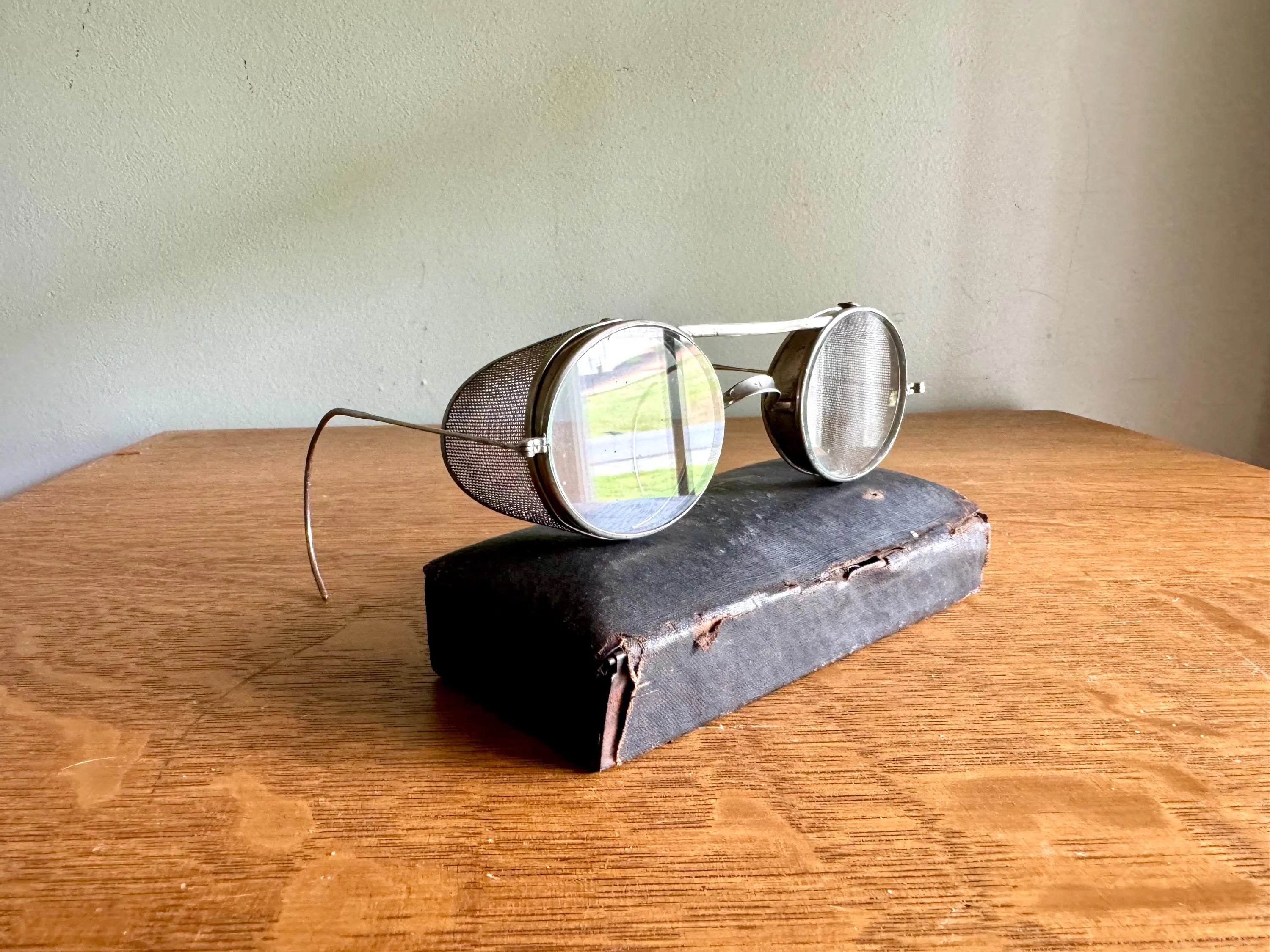 1940's Pierce Protecto Wire Rim Safety Glasses | Pierce Protecto Eyewear With Original Case | Vintage Factory Glasses or Riding Glasses