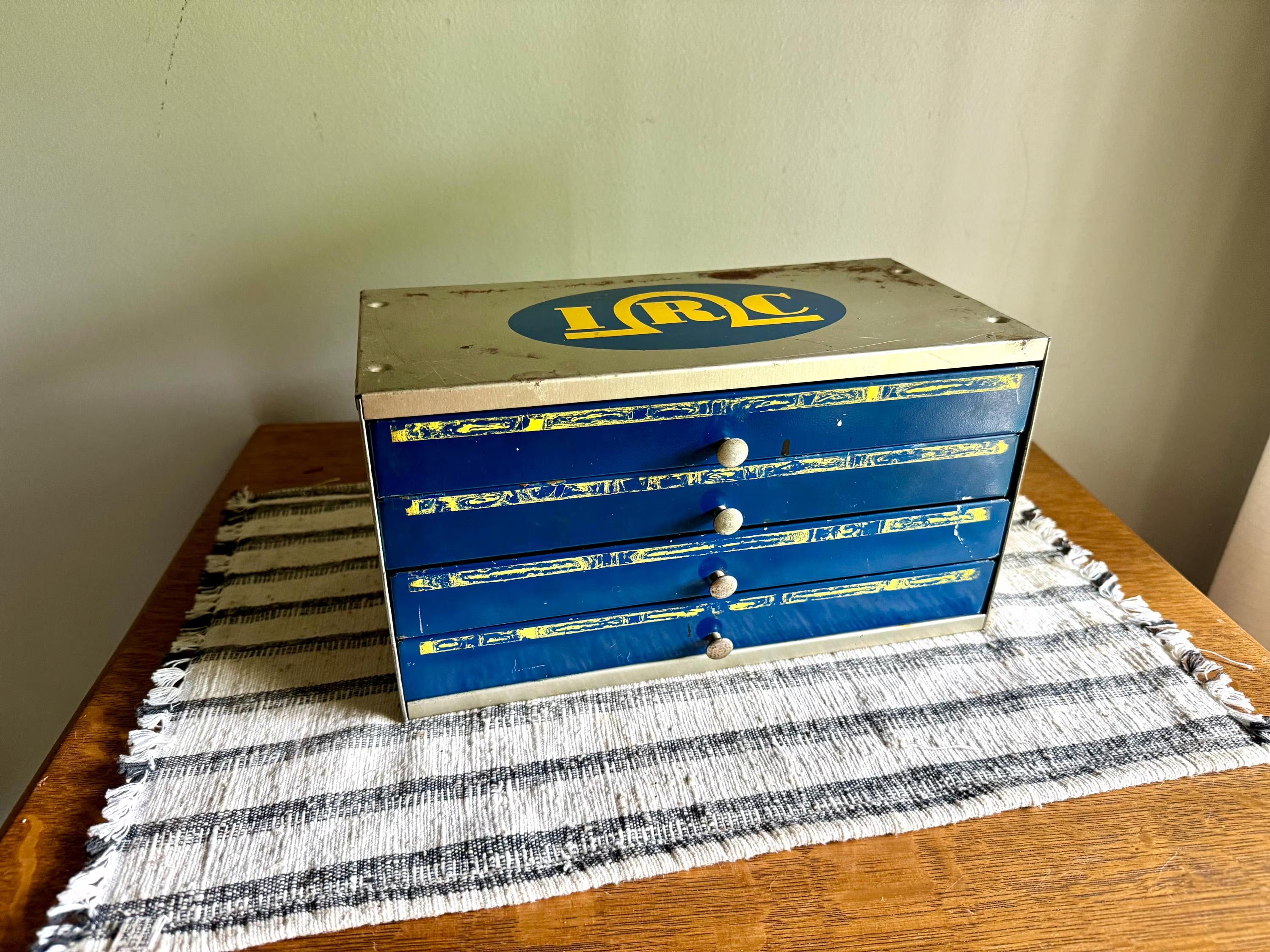 Vintage 50's IRC Resistor 4 Drawer Cabinet | Small Rustic IRC Industrial Parts Cabinet | Blue, Gray and Yellow Small Organizer Bin