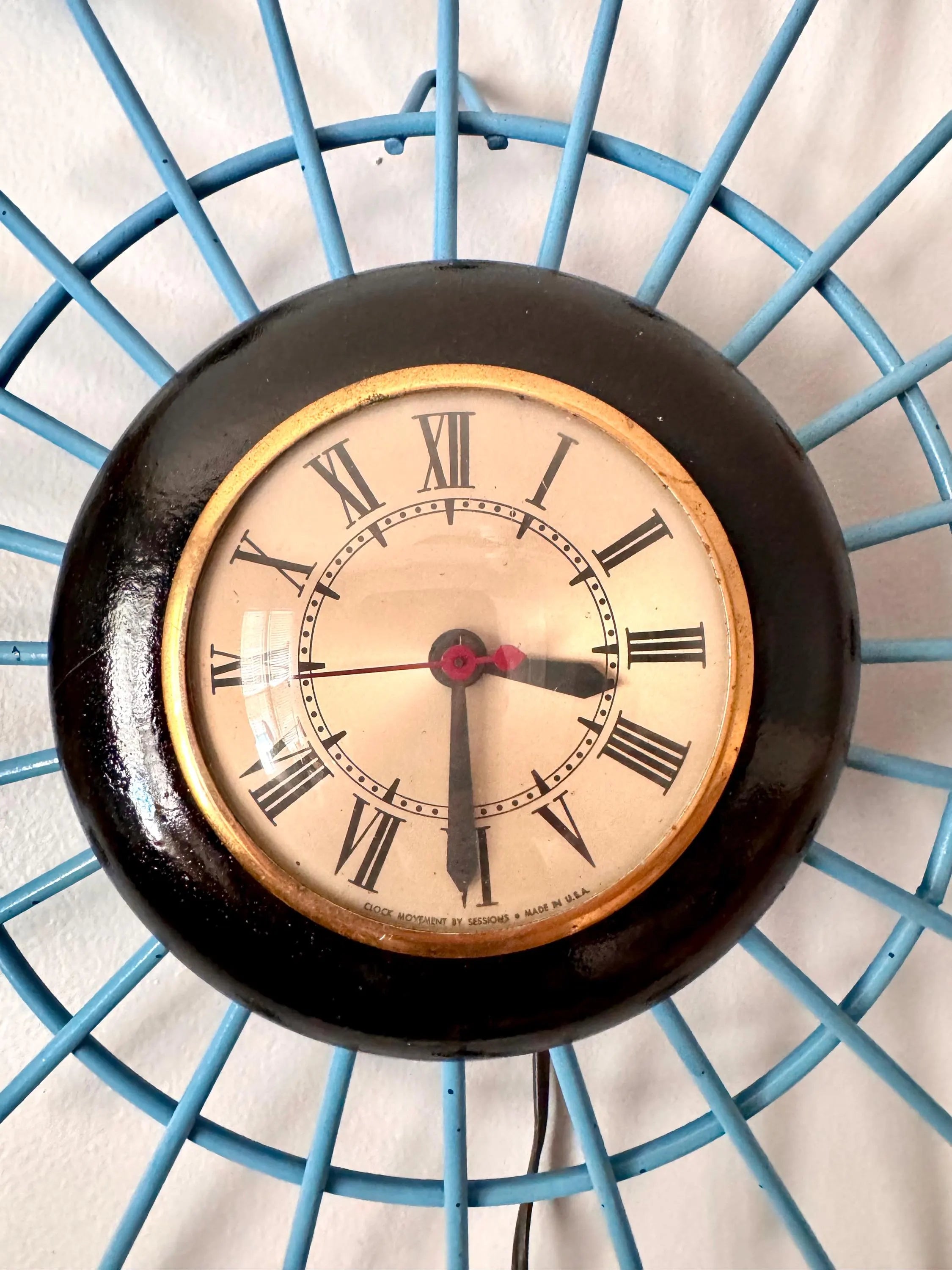 Vintage Sessions Starburst Wall Clock | Painted Sunburst Atomic Clock | Mid Century Modern Wall Clock | Blue and Black MCM Wall Clock