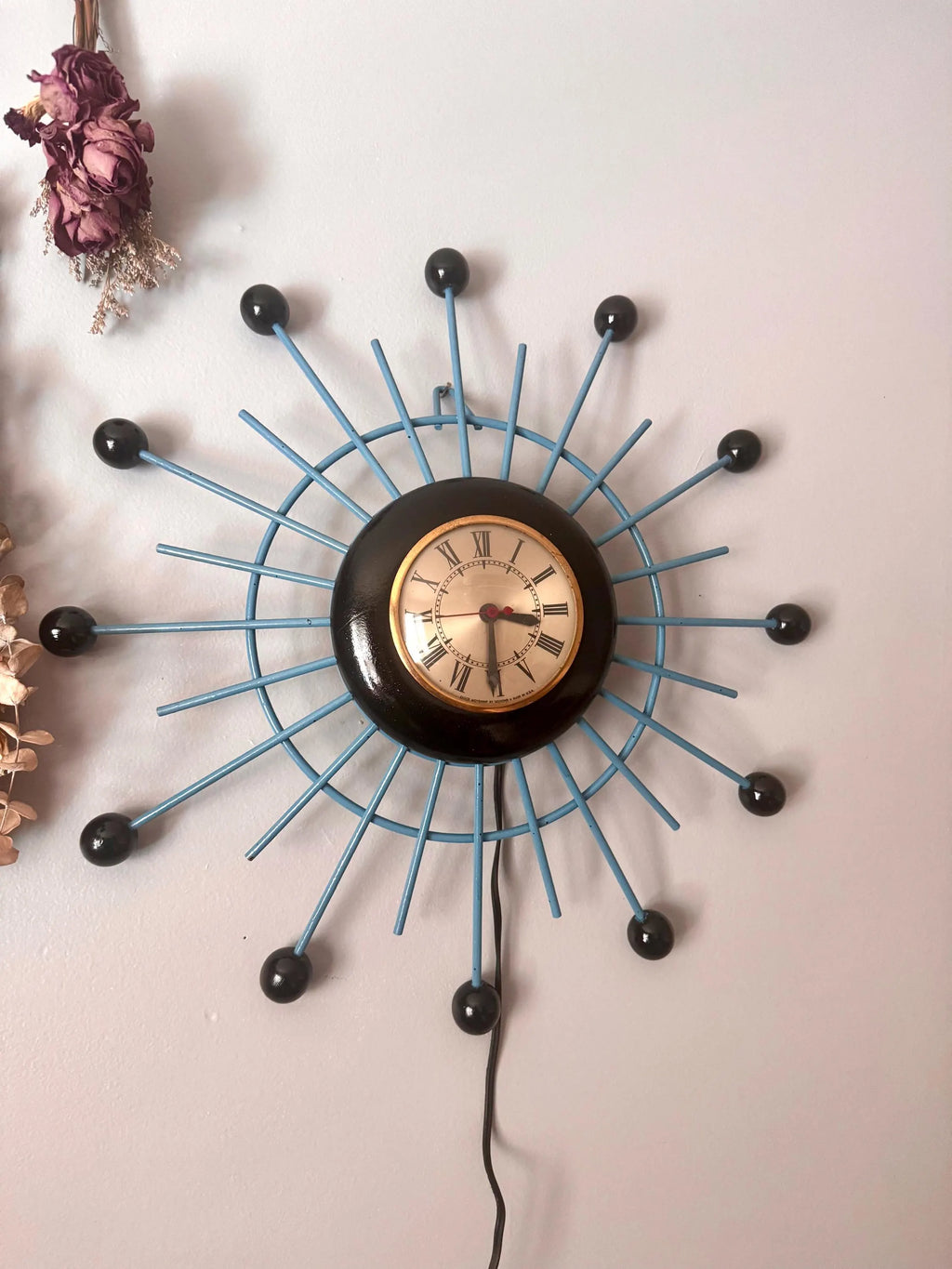 Vintage Sessions Starburst Wall Clock | Painted Sunburst Atomic Clock | Mid Century Modern Wall Clock | Blue and Black MCM Wall Clock