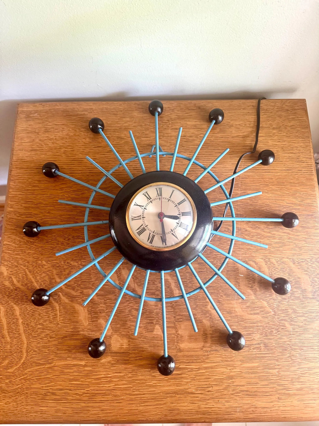 Vintage Sessions Starburst Wall Clock | Painted Sunburst Atomic Clock | Mid Century Modern Wall Clock | Blue and Black MCM Wall Clock