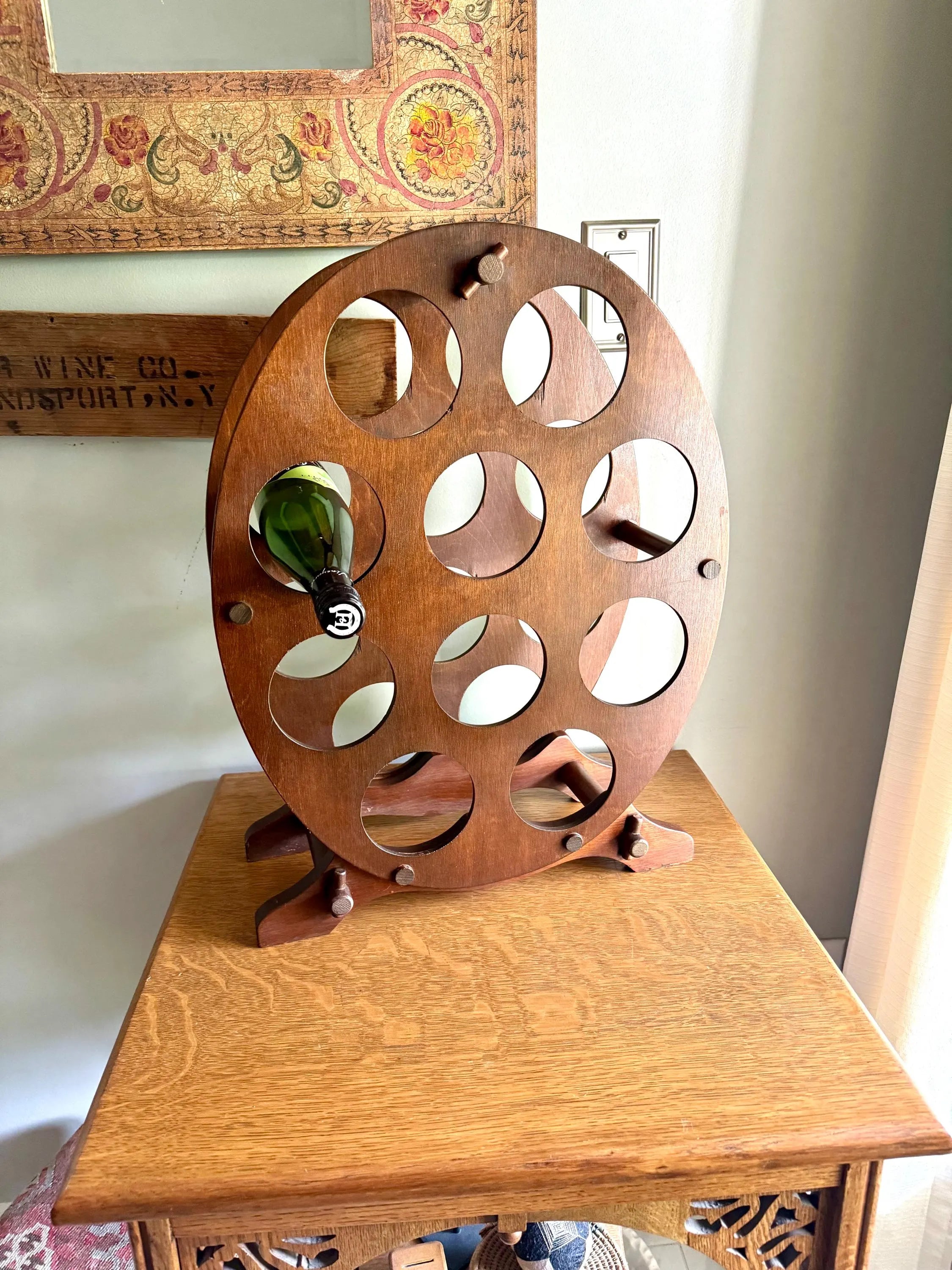 Vintage Wood Oval Wine Rack | Rustic Wine Rack | 10 Spot Wine Bottle Rack | Rustic Wine Storage | Mid Century Wine Rack Stand